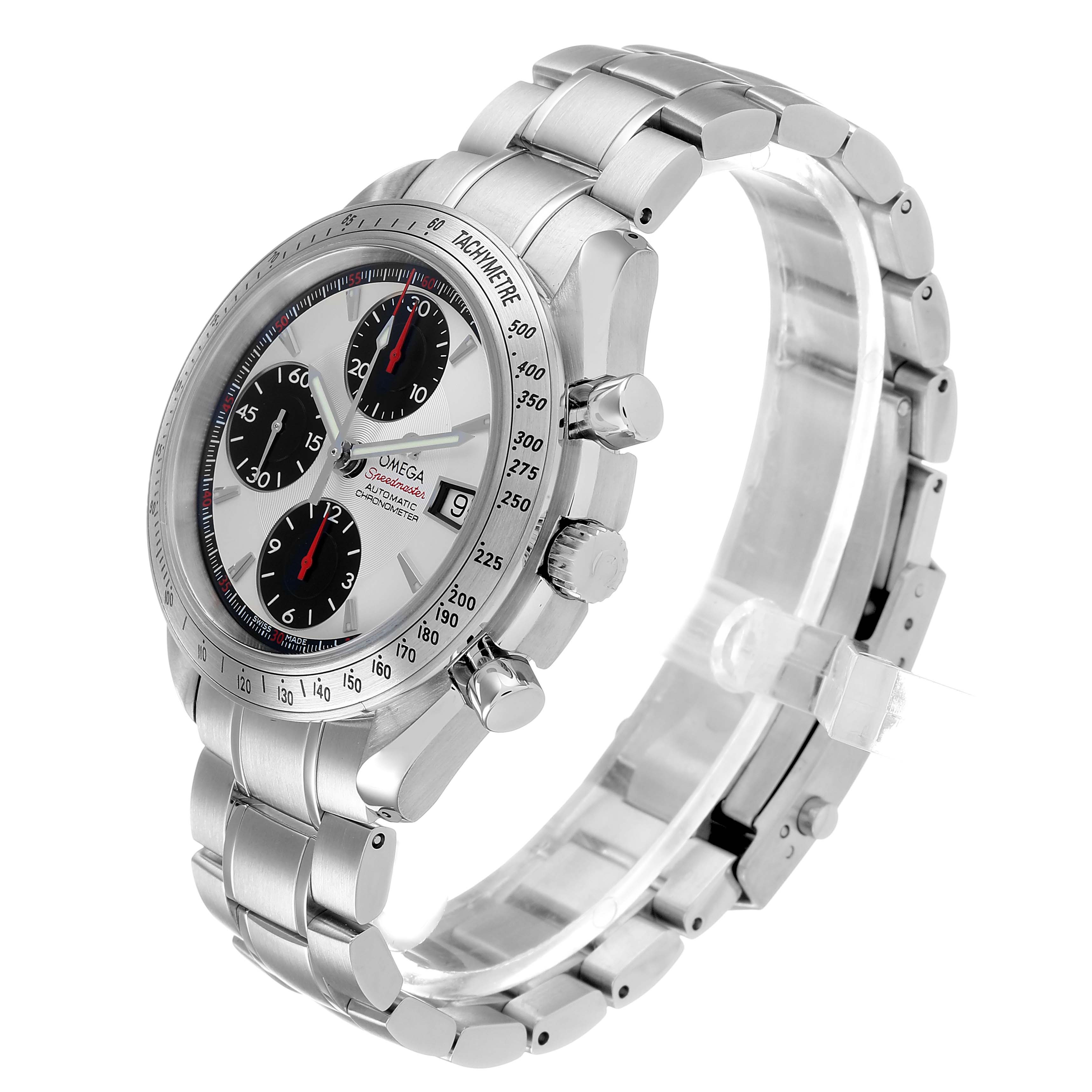 The Omega Speedmaster 3211.31.00 Men's Stainless Steel Silver Dial watch is shown at a three-quarter angle, highlighting the bezel, pushers, crown, and bracelet.