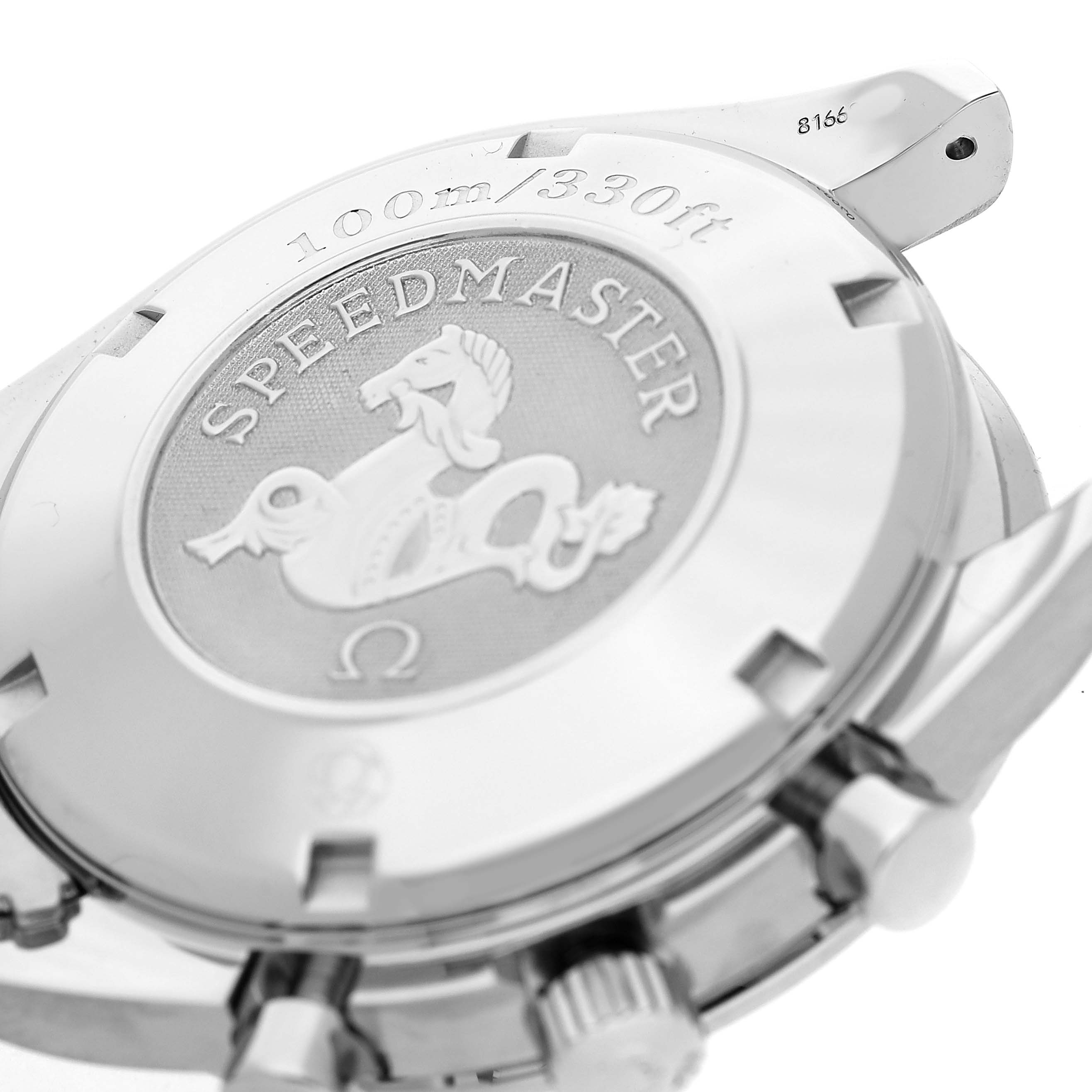 The image shows the back case of an Omega Speedmaster 3211.31.00 Men's Stainless Steel Silver Dial, angled to display the engraved emblem and water resistance marking.
