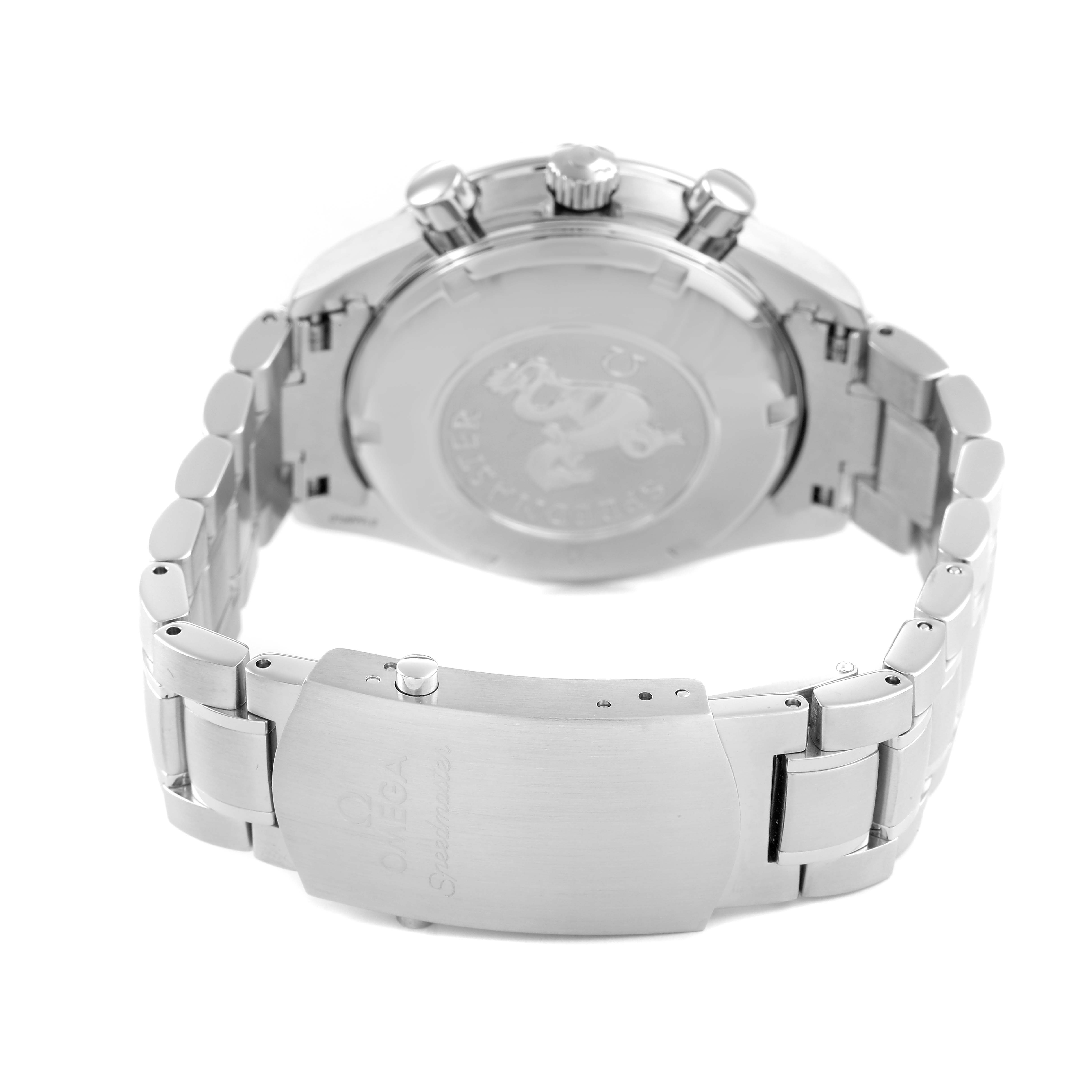 The image shows the Omega Speedmaster 3211.31.00 Men's Stainless Steel Silver Dial watch from the rear, highlighting the clasp, bracelet, and case back.