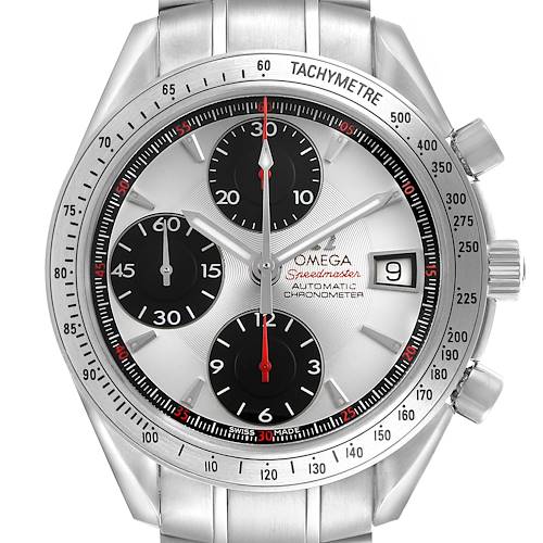 The image shows a frontal view of the Omega Speedmaster 3211.31.00 Men's Stainless Steel Silver Dial watch, highlighting its face, tachymetre bezel, and side buttons.