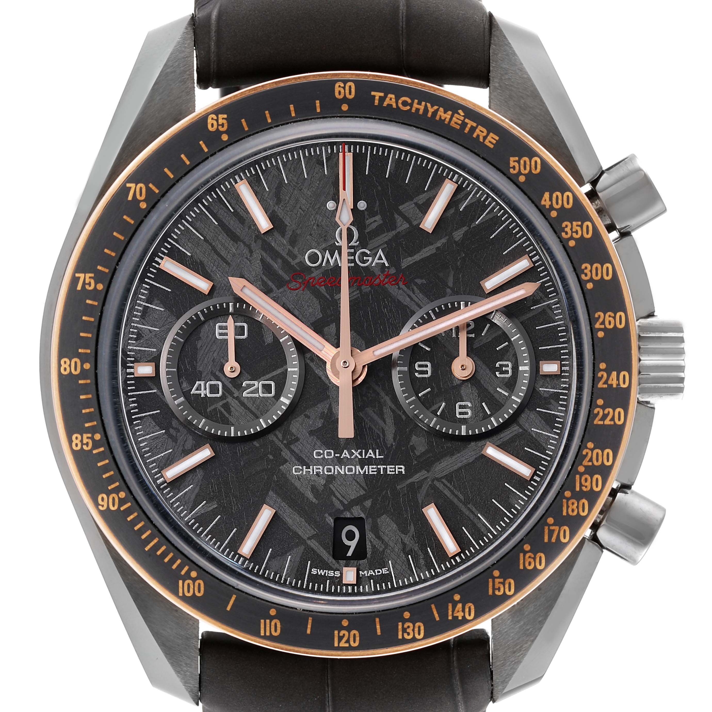 This image shows a frontal view of the Omega Speedmaster 311.63.44.51.99.001 Men's Ceramic Grey Dial 311.63.44.51.99.001 Men's Ceramic Grey Dial, highlighting the dials, tachymeter, and strap.