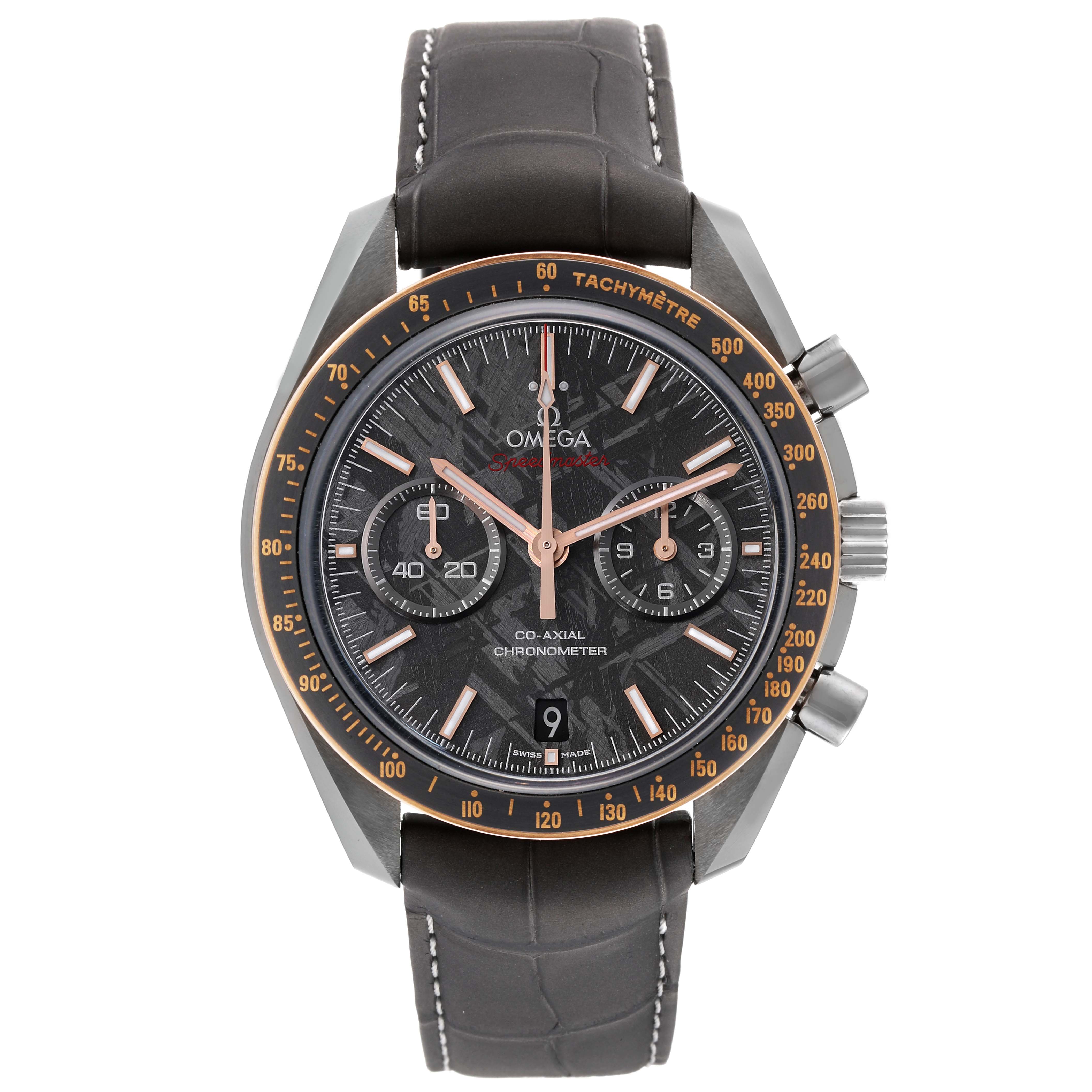 This image shows a front view of an Omega Speedmaster 311.63.44.51.99.001 Men's Ceramic Grey Dial 311.63.44.51.99.001 Men's Ceramic Grey Dial watch, highlighting its dial, bezel, chronograph subdials, and leather strap.