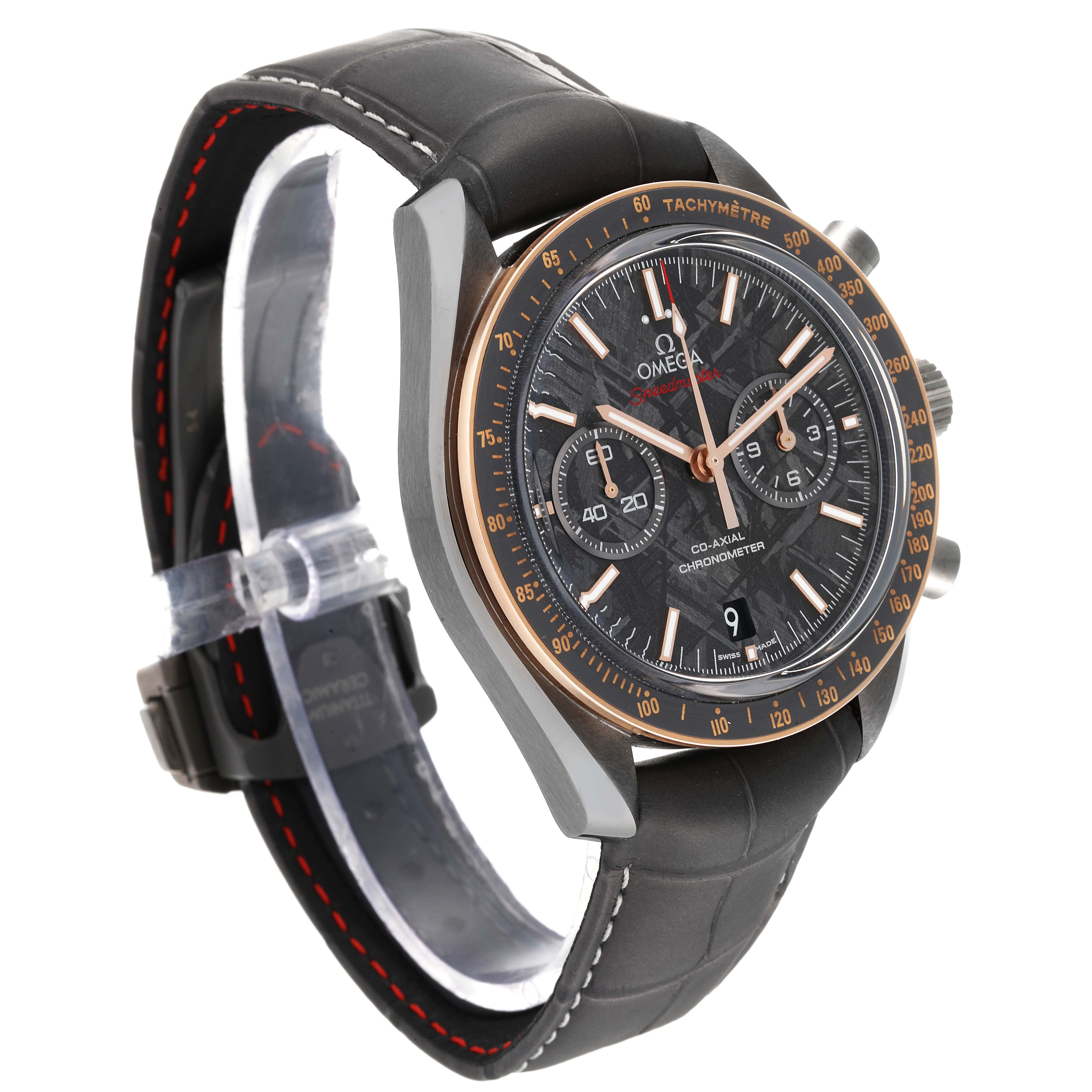 This Omega Speedmaster 311.63.44.51.99.001 Men's Ceramic Grey Dial 311.63.44.51.99.001 Men's Ceramic Grey Dial watch is shown from an angled side view, displaying its face, strap, and crown.