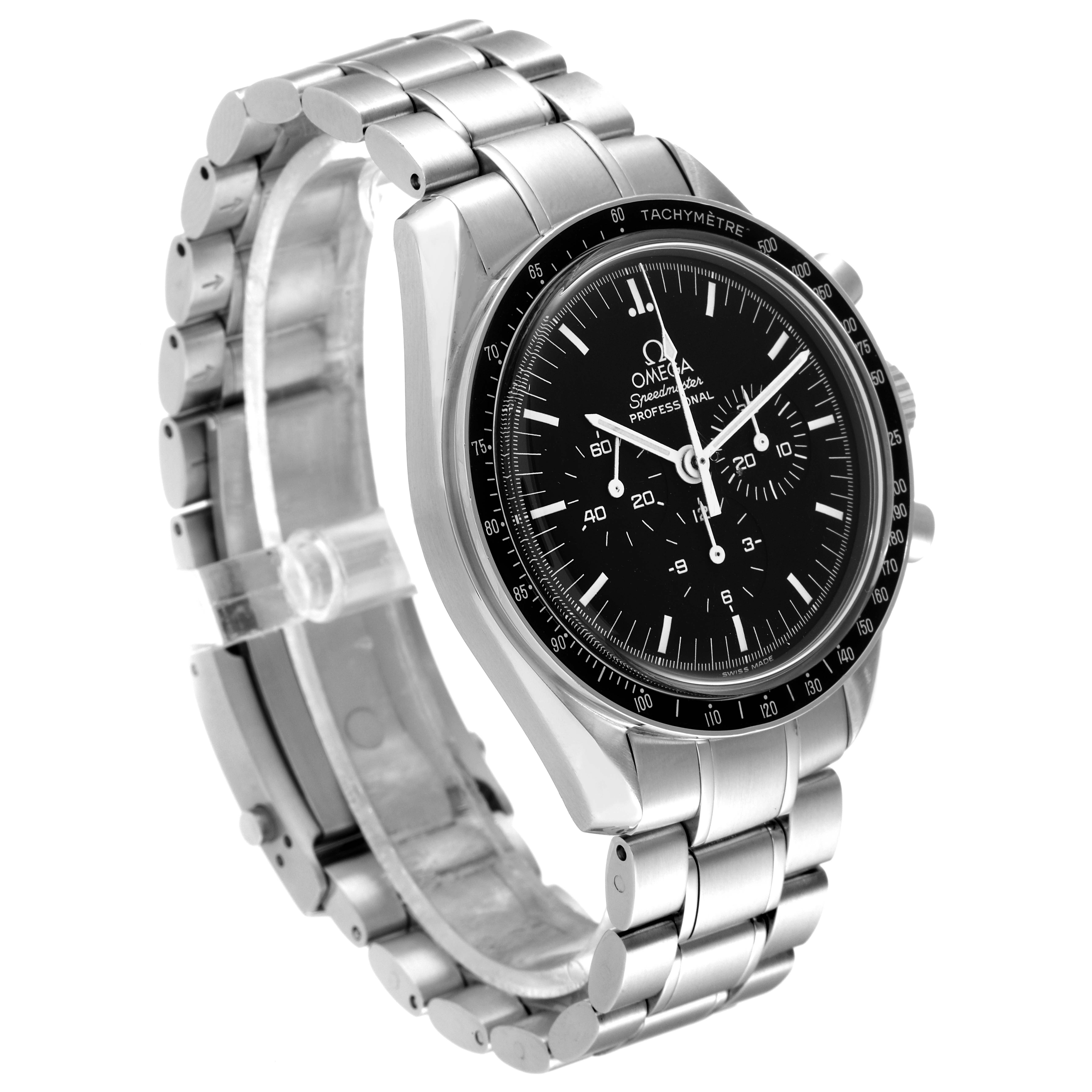 The image shows an Omega Speedmaster 3572.50.00 Men
s Stainless Steel Black Dial 3572.50.00 Men
s Stainless Steel Black Dial watch from a front-left angle, detailing its face and stainless steel bracelet.