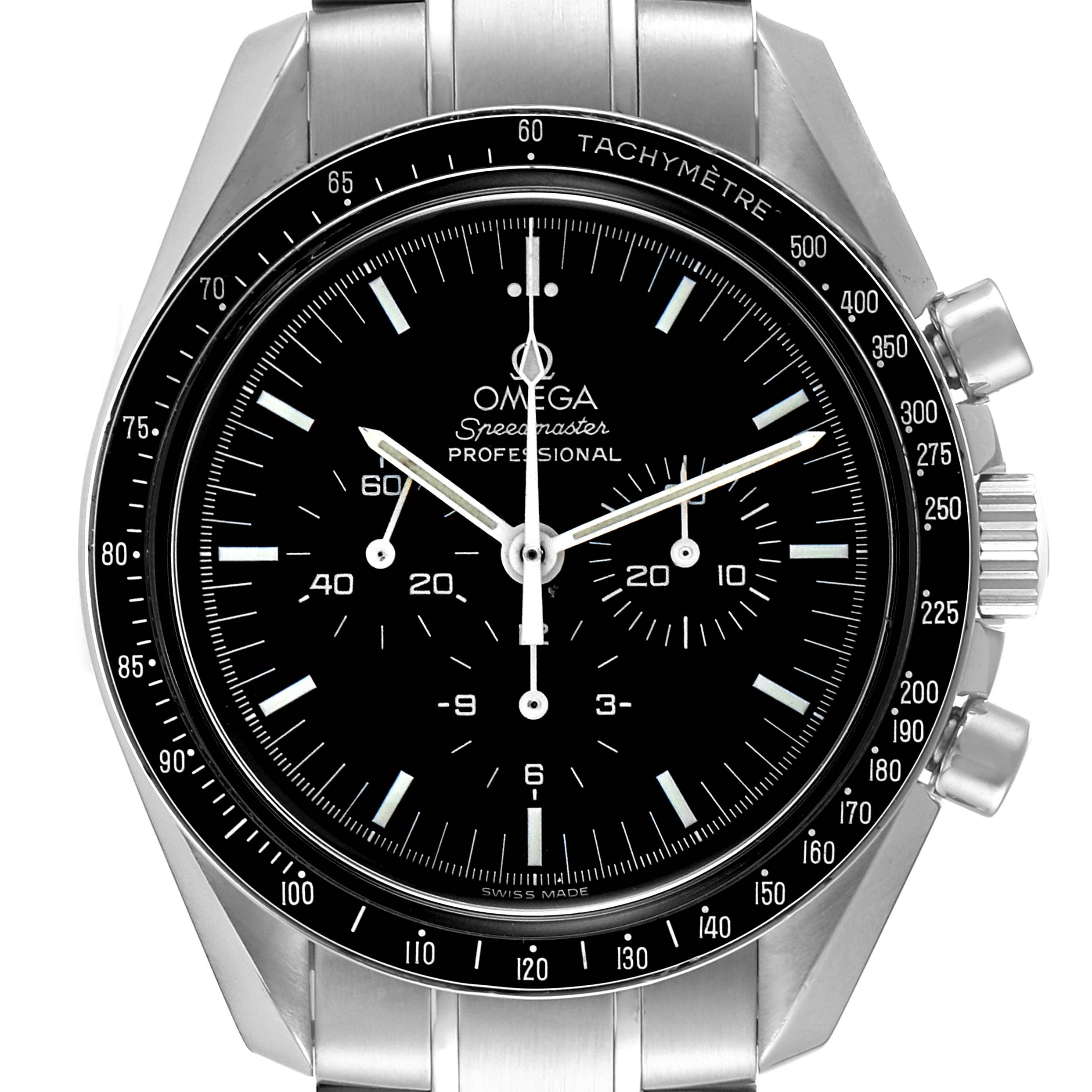 The image shows a front view of an Omega Speedmaster 3572.50.00 Men
s Stainless Steel Black Dial 3572.50.00 Men
s Stainless Steel Black Dial watch, highlighting its dial, tachymeter bezel, and chronograph subdials.