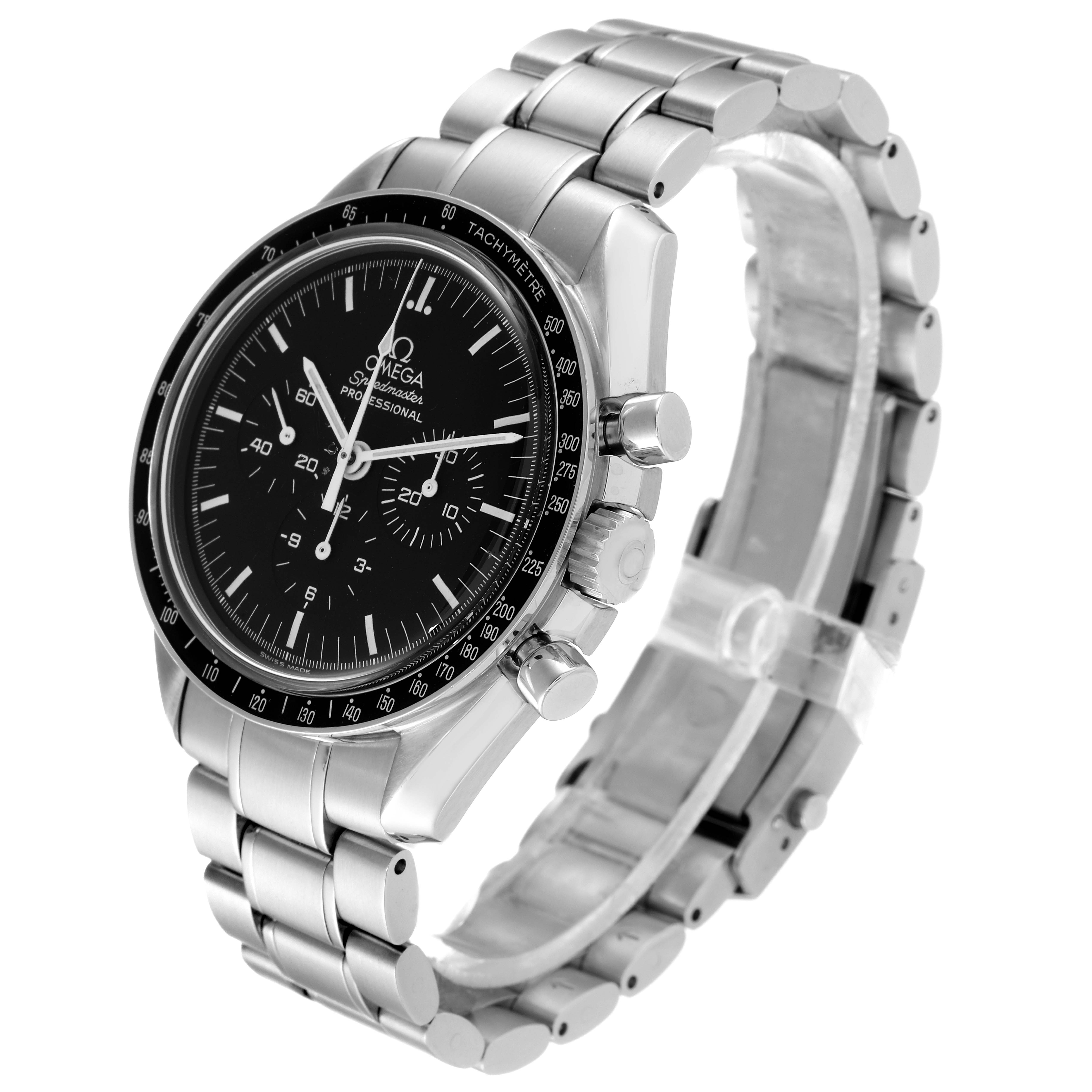 This image shows an Omega Speedmaster 3572.50.00 Men
s Stainless Steel Black Dial 3572.50.00 Men
s Stainless Steel Black Dial watch from a front-side angle, displaying the face, bezel, crown, pushers, and stainless steel bracelet.