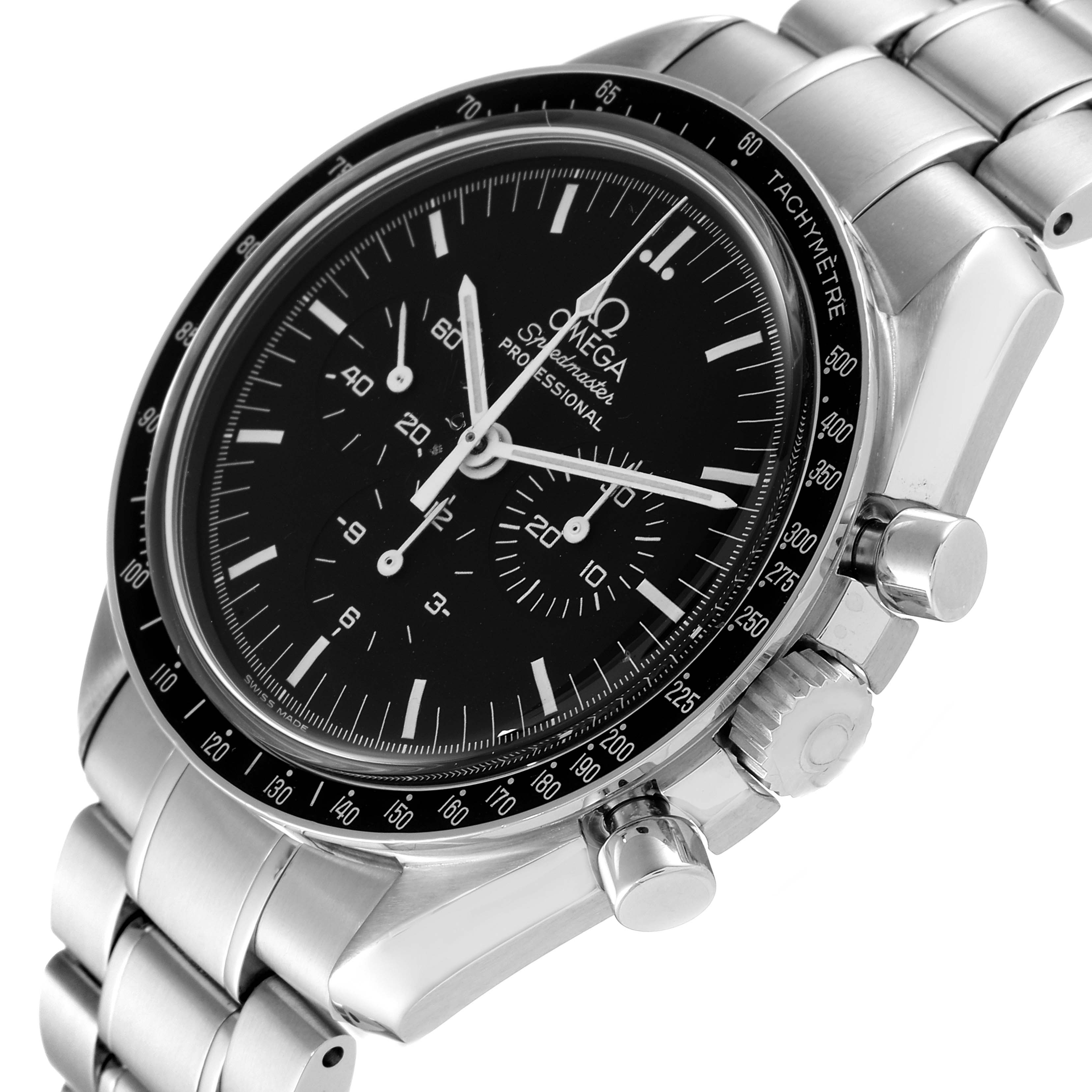 The image shows the Omega Speedmaster 3572.50.00 Men
s Stainless Steel Black Dial 3572.50.00 Men
s Stainless Steel Black Dial watch from an angled front view, highlighting the dial, bezel, and side buttons.