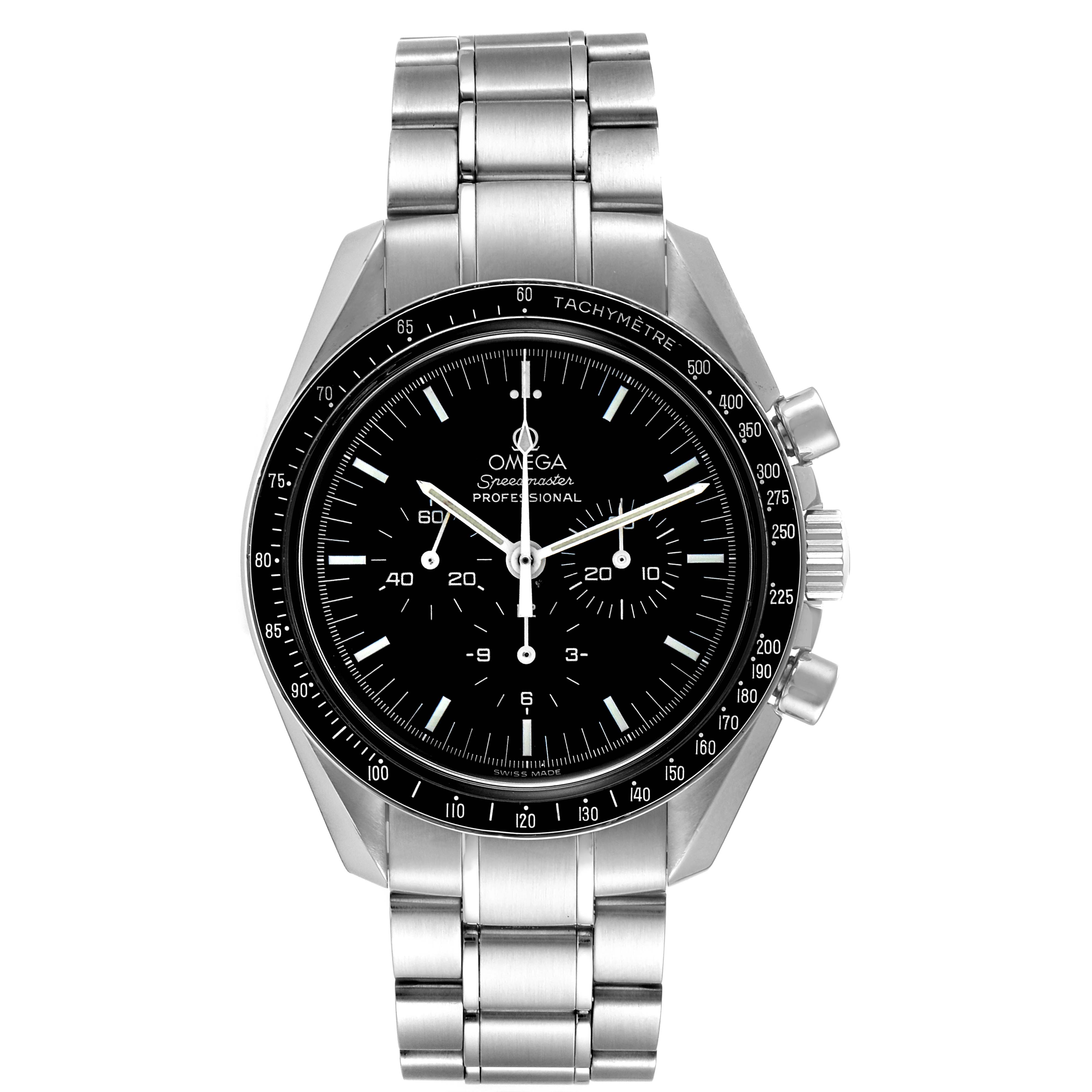 The image shows a front view of the Omega Speedmaster 3572.50.00 Men
s Stainless Steel Black Dial 3572.50.00 Men
s Stainless Steel Black Dial watch, highlighting its black dial, tachymeter bezel, and stainless steel bracelet.