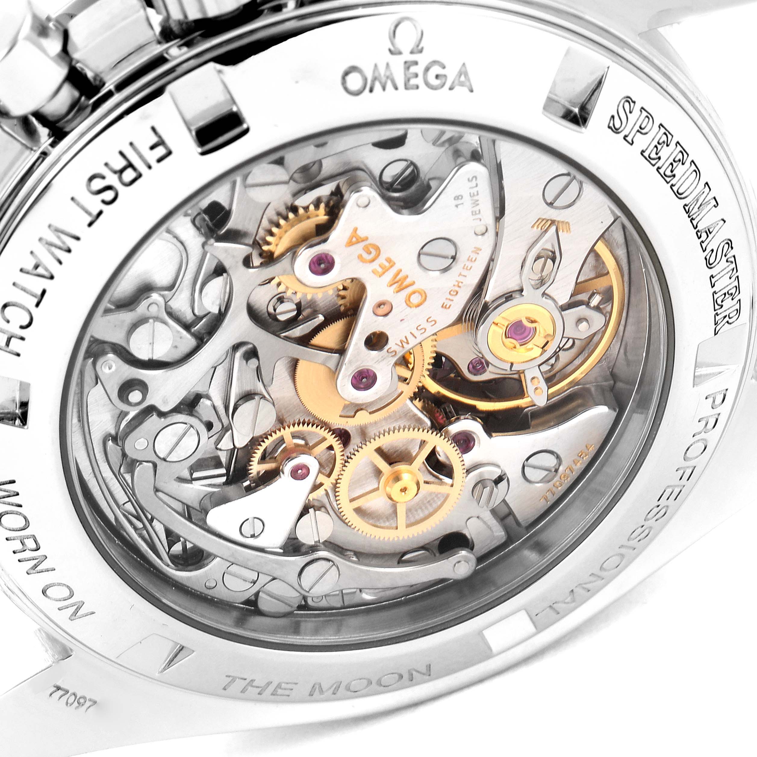 This image shows the back of an Omega Speedmaster 3572.50.00 Men
s Stainless Steel Black Dial 3572.50.00 Men
s Stainless Steel Black Dial watch, highlighting its intricate mechanical movement and gears.