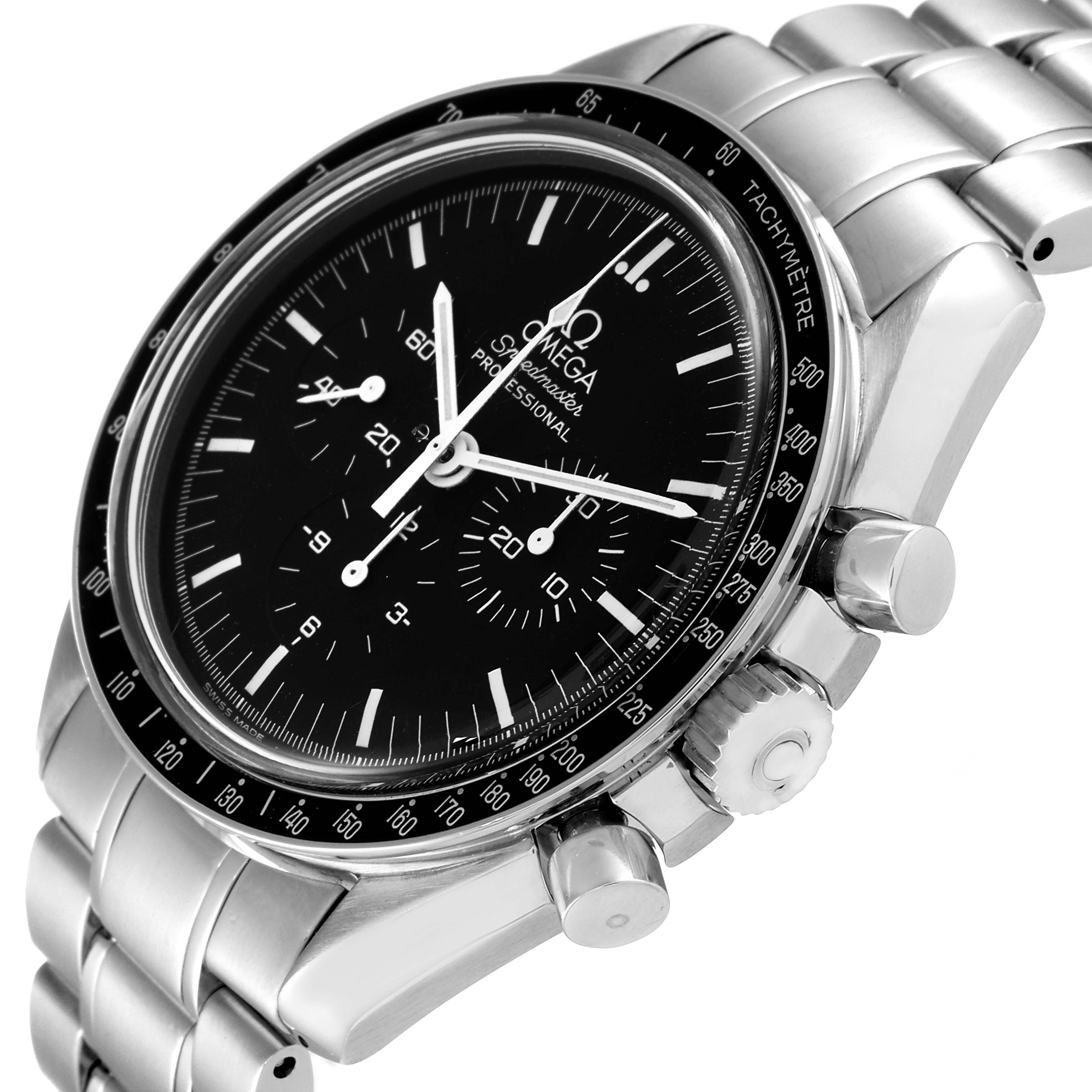 The image shows an angled view of an Omega Speedmaster 3572.50.00 Men
s Stainless Steel Black Dial 3572.50.00 Men
s Stainless Steel Black Dial watch, highlighting the dial, bezel, pushers, and bracelet.