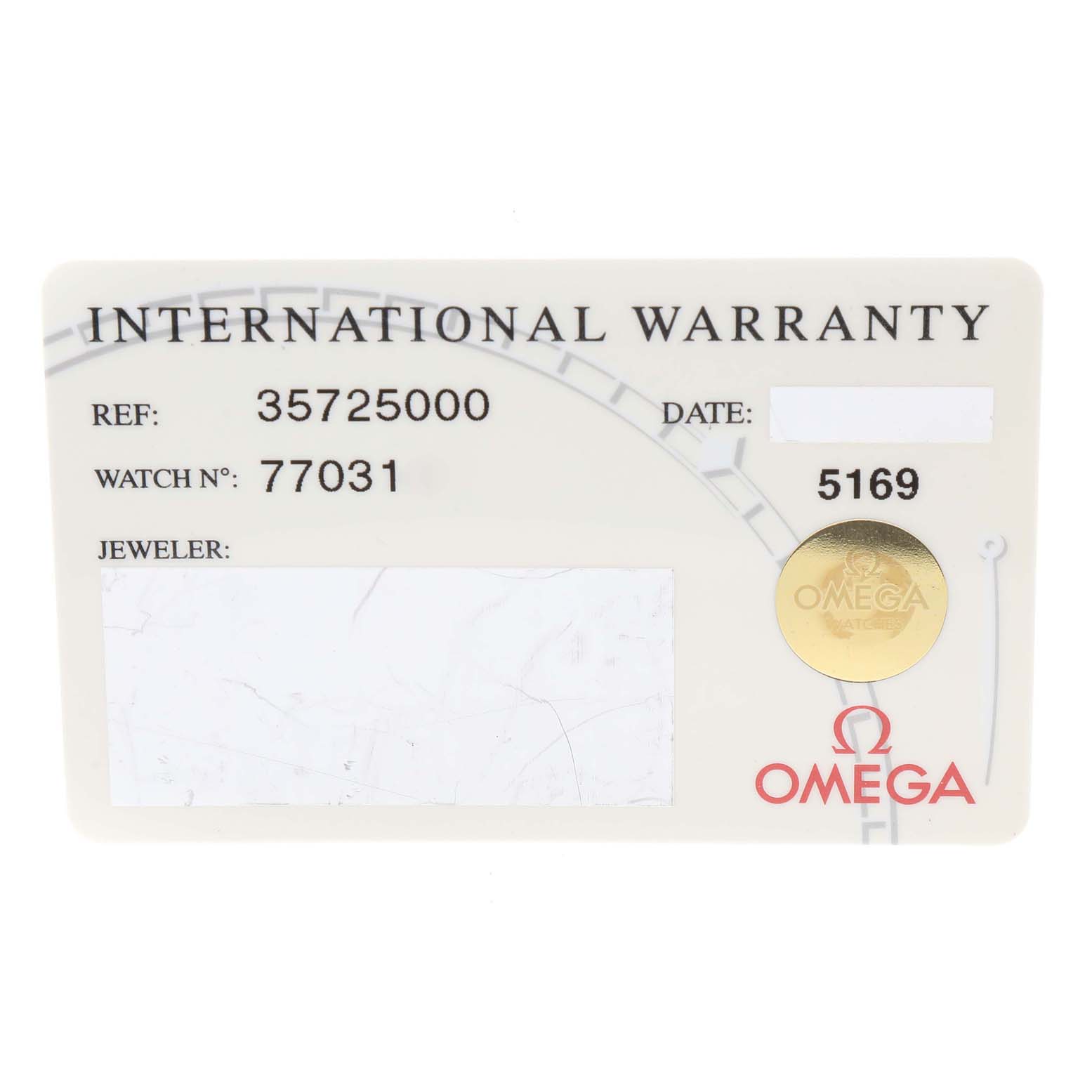 This image shows the international warranty card for the Omega Speedmaster 3572.50.00 Men
s Stainless Steel Black Dial 3572.50.00 Men
s Stainless Steel Black Dial watch model.