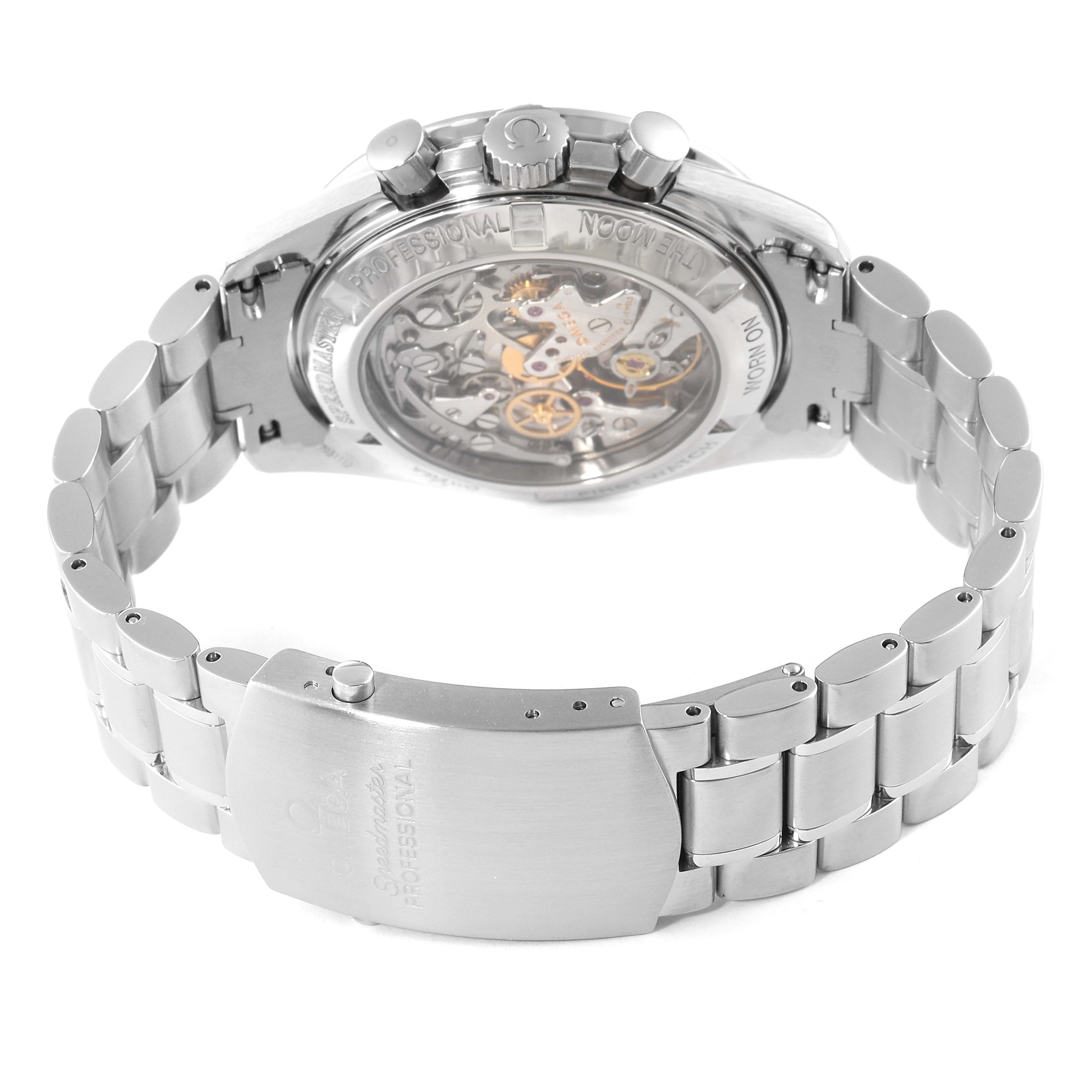 The image shows the back view of an Omega Speedmaster 3572.50.00 Men
s Stainless Steel Black Dial 3572.50.00 Men
s Stainless Steel Black Dial watch, highlighting its stainless steel bracelet and visible movement.