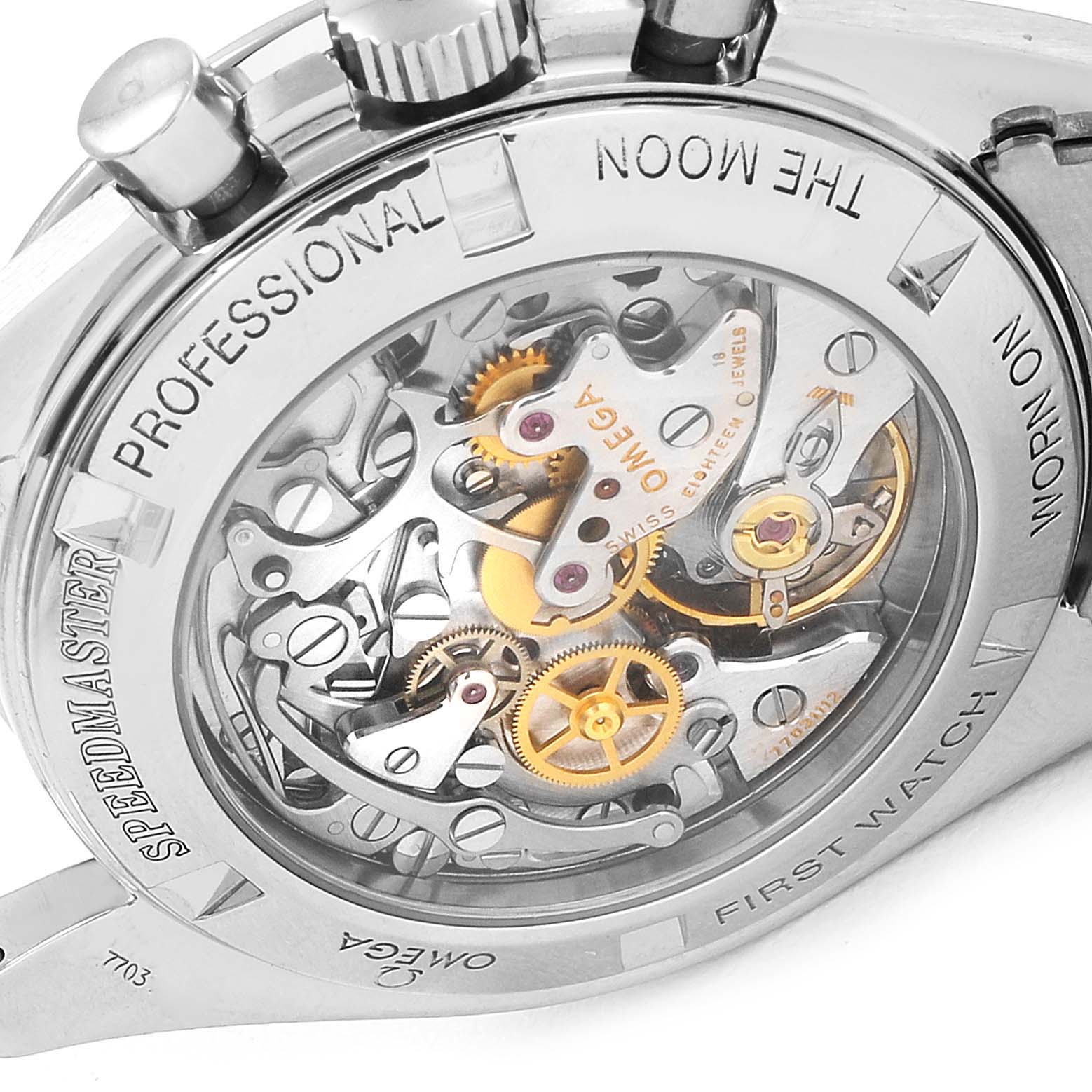 The image shows the back view of an Omega Speedmaster 3572.50.00 Men
s Stainless Steel Black Dial 3572.50.00 Men
s Stainless Steel Black Dial watch, highlighting its intricate mechanical movement.