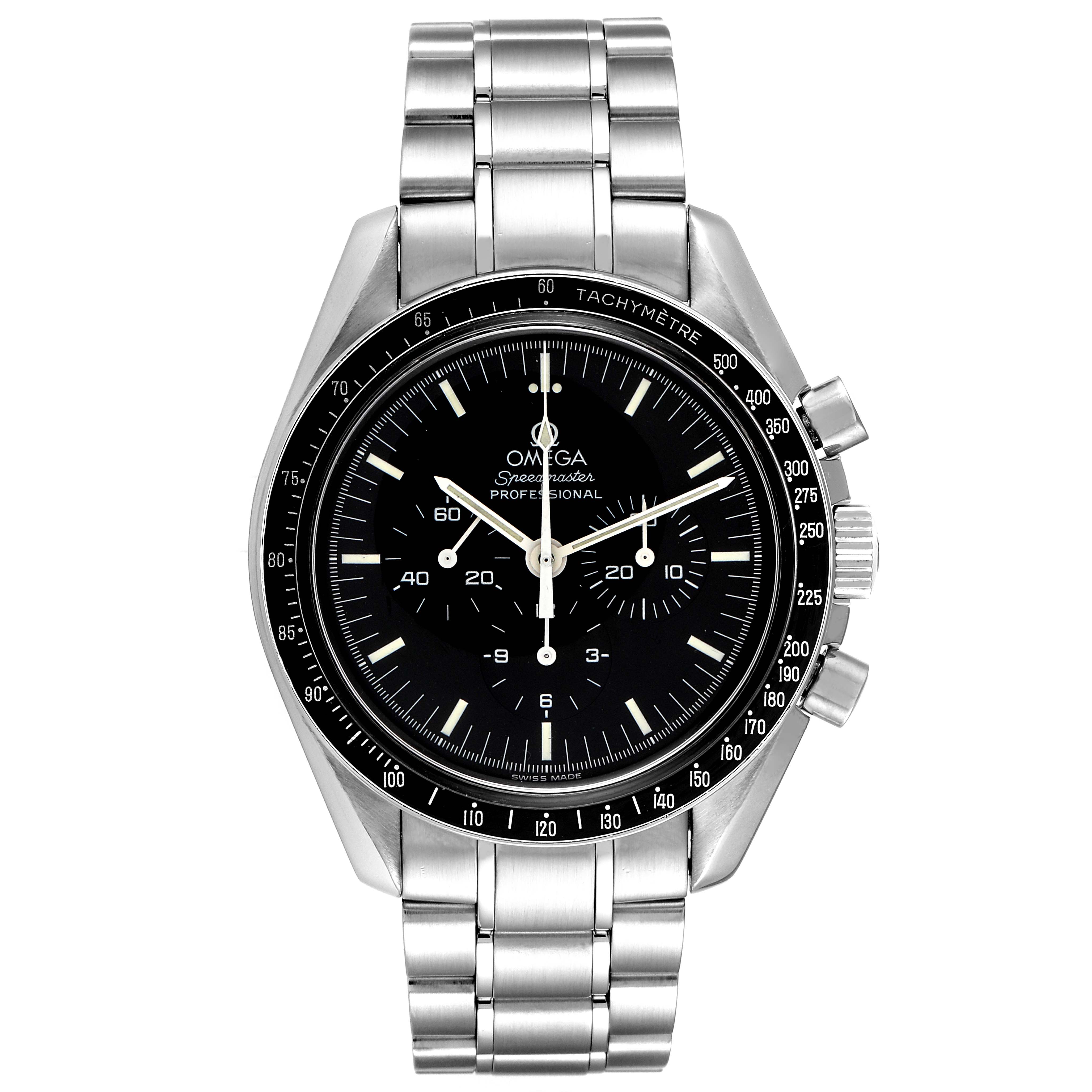 The image shows a front view of an Omega Speedmaster 3572.50.00 Men
s Stainless Steel Black Dial 3572.50.00 Men
s Stainless Steel Black Dial watch, featuring its dial, tachymètre bezel, and stainless steel bracelet.