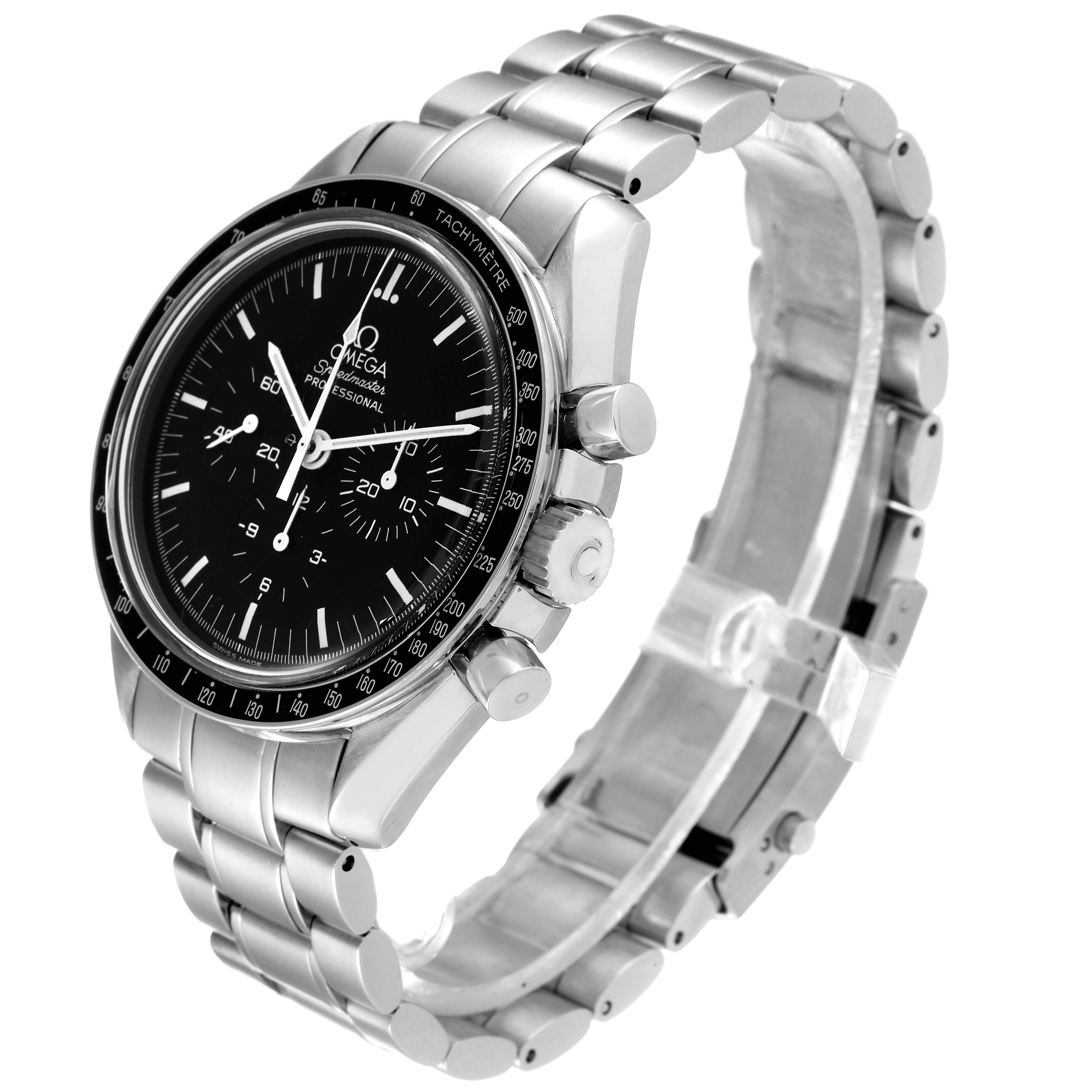 This image shows a side view of the Omega Speedmaster 3572.50.00 Men
s Stainless Steel Black Dial 3572.50.00 Men
s Stainless Steel Black Dial watch, highlighting the bracelet, case, and dial.