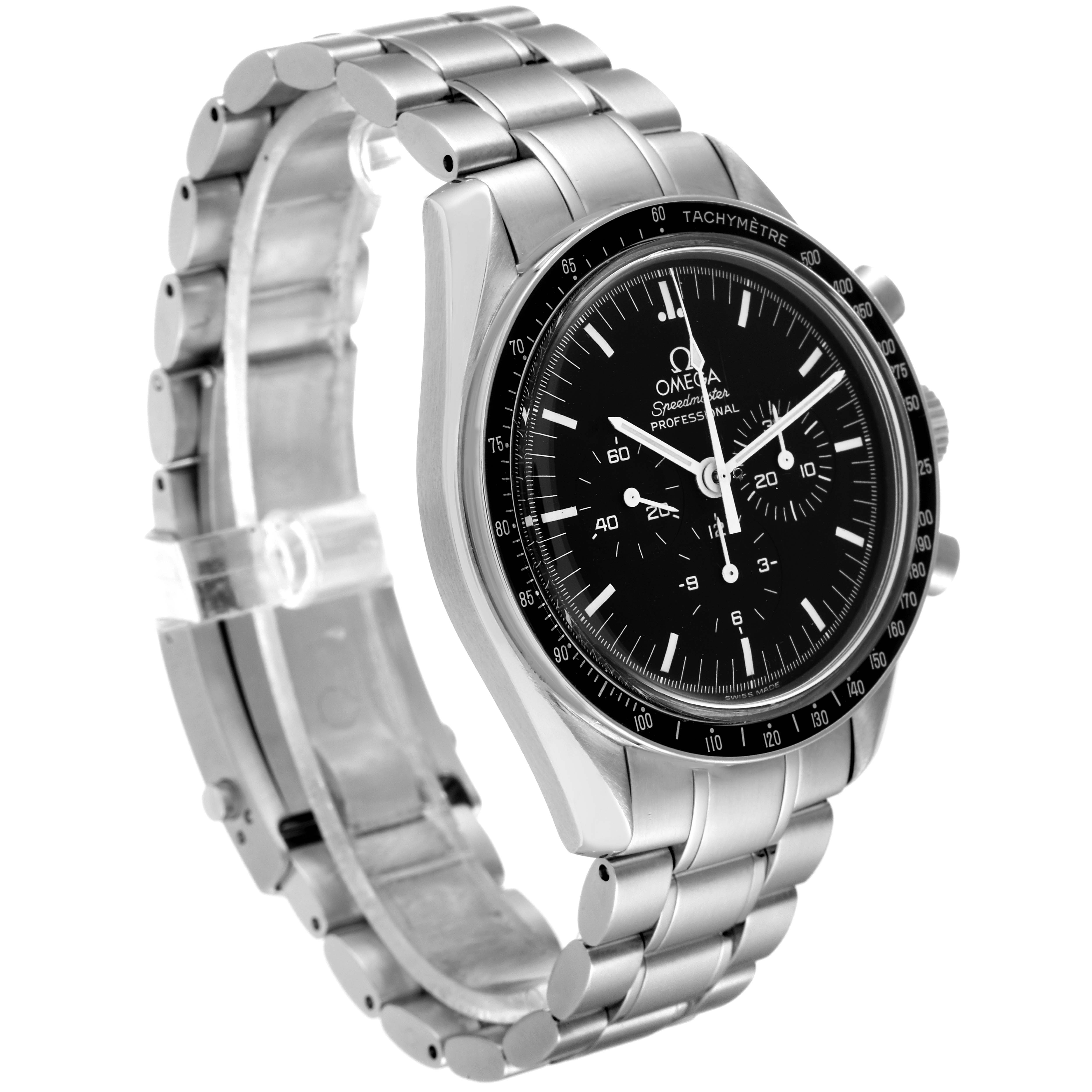 The image shows a front-left angled view of an Omega Speedmaster 3572.50.00 Men
s Stainless Steel Black Dial 3572.50.00 Men
s Stainless Steel Black Dial watch, displaying its stainless steel bracelet and black tachymeter bezel.