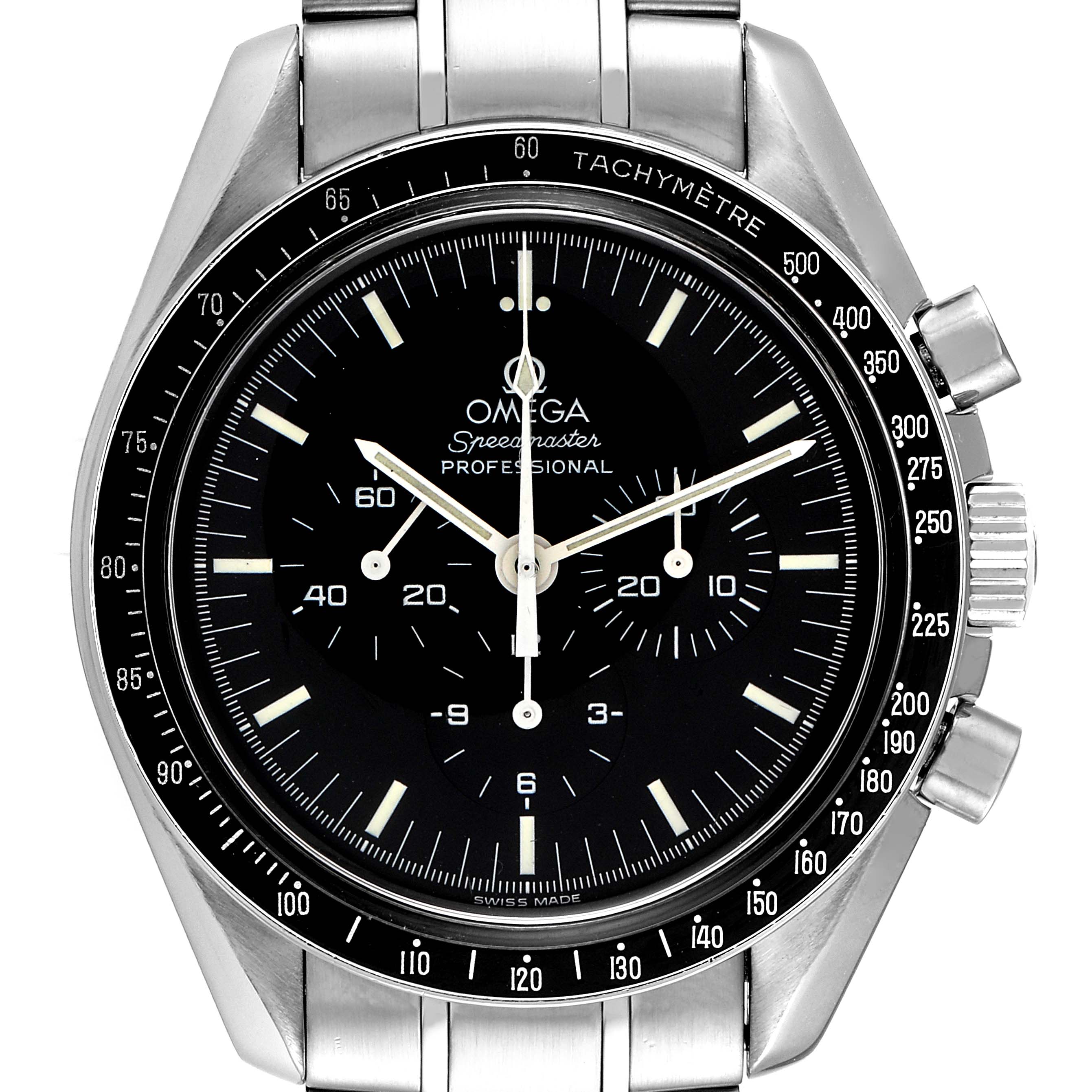 The image shows a front-facing view of an Omega Speedmaster 3572.50.00 Men
s Stainless Steel Black Dial 3572.50.00 Men
s Stainless Steel Black Dial watch, highlighting the face, bezel, and part of the bracelet.