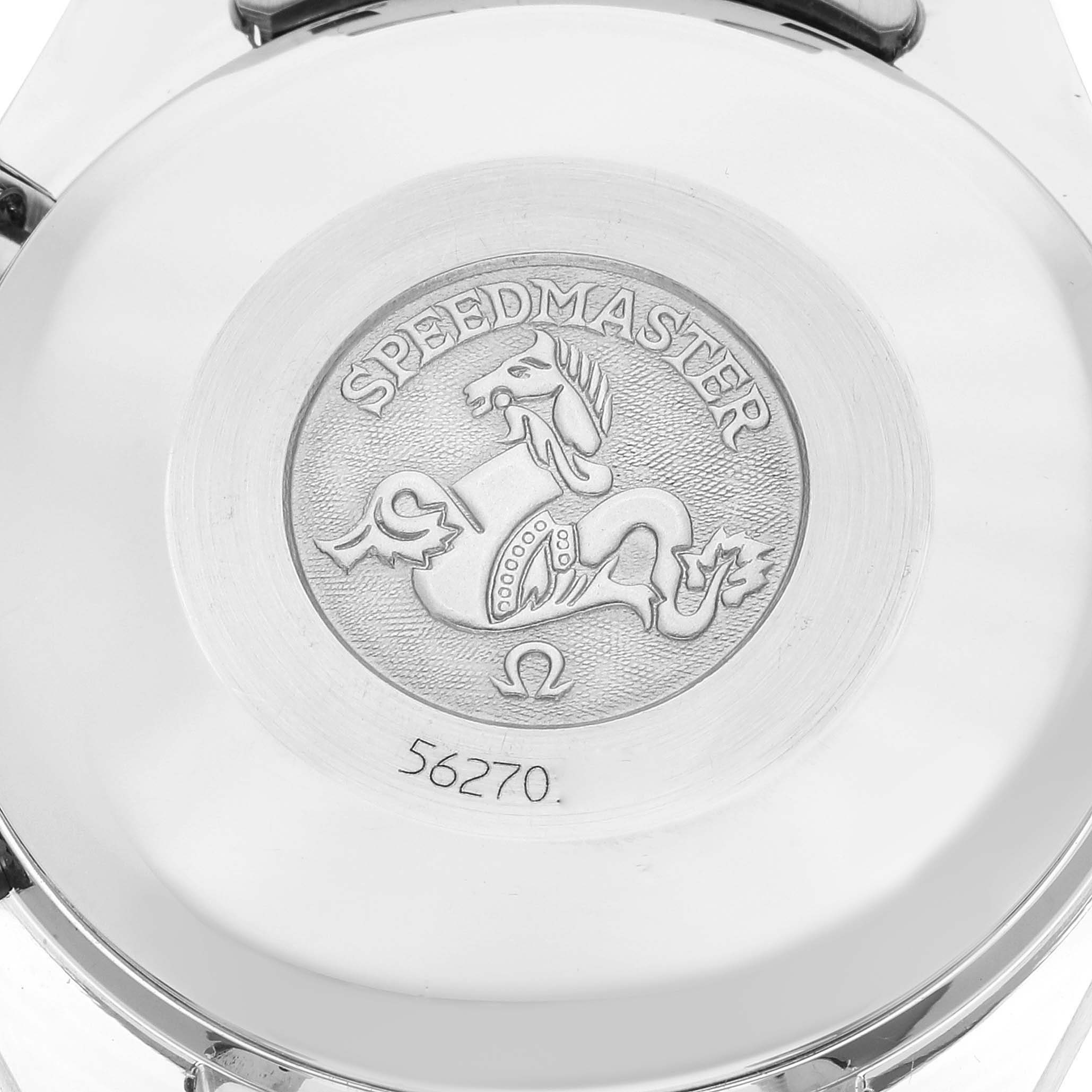 The image shows the back case of an Omega Speedmaster 3313.53.00 Men's Steel and Gold (two tone) Black Dial 3313.53.00 Men's Steel and Gold (two tone) Black Dial watch, featuring an engraved logo and model number.