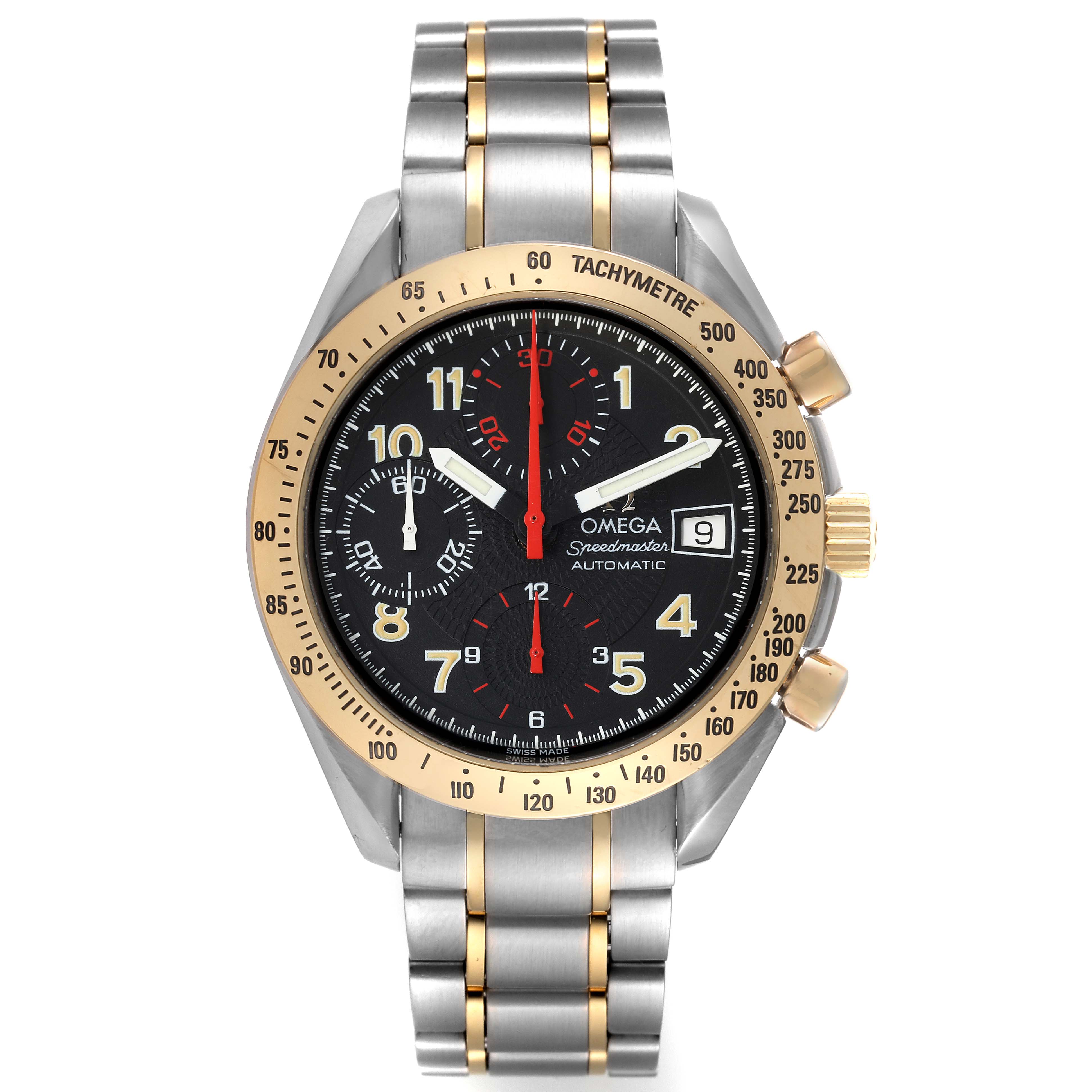 The image shows a front view of an Omega Speedmaster 3313.53.00 Men's Steel and Gold (two tone) Black Dial 3313.53.00 Men's Steel and Gold (two tone) Black Dial watch, highlighting its face, bezel, dial, and bracelet.