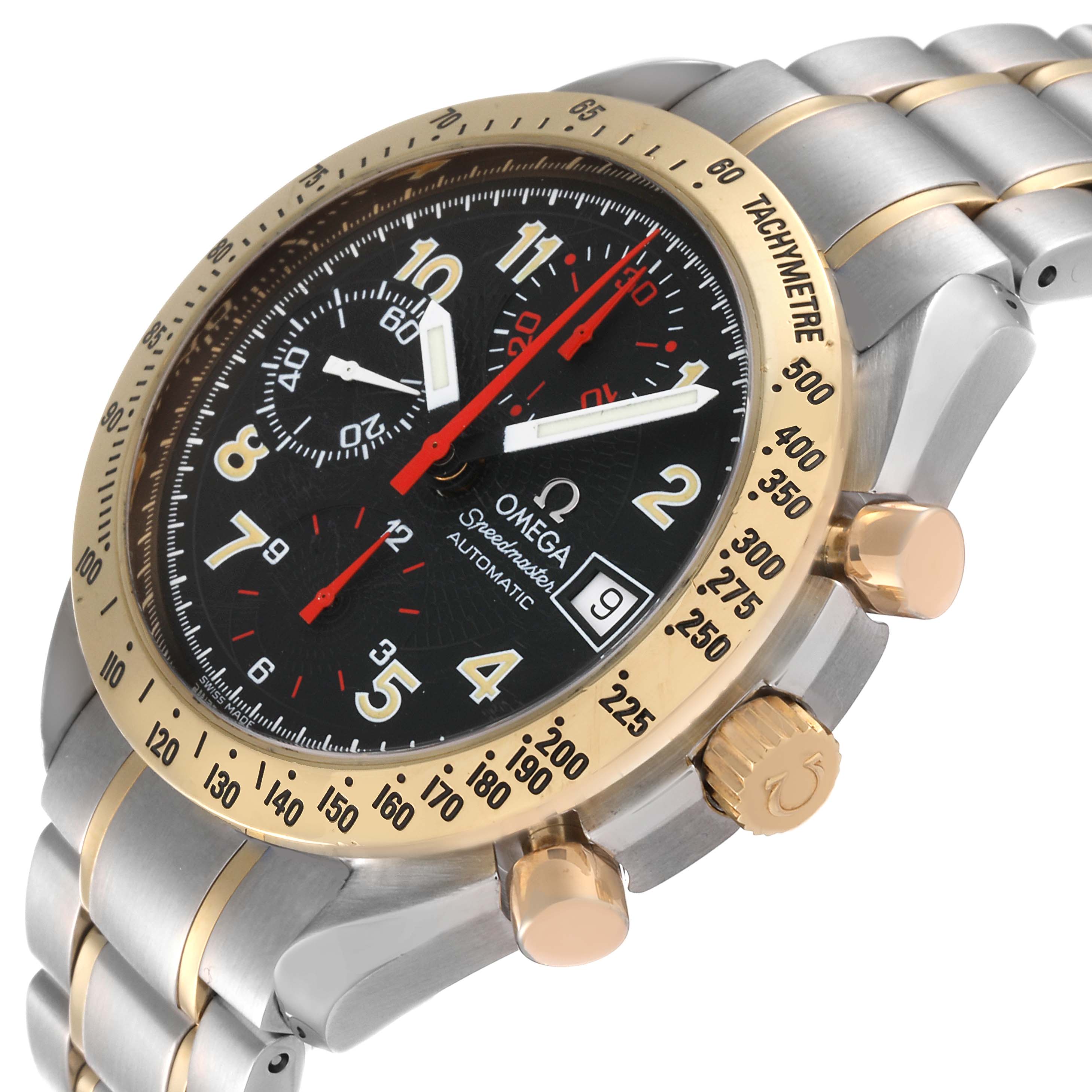 The Omega Speedmaster 3313.53.00 Men's Steel and Gold (two tone) Black Dial 3313.53.00 Men's Steel and Gold (two tone) Black Dial watch is shown at a slight angle, highlighting the dial, tachymetre bezel, crown, and bracelet.