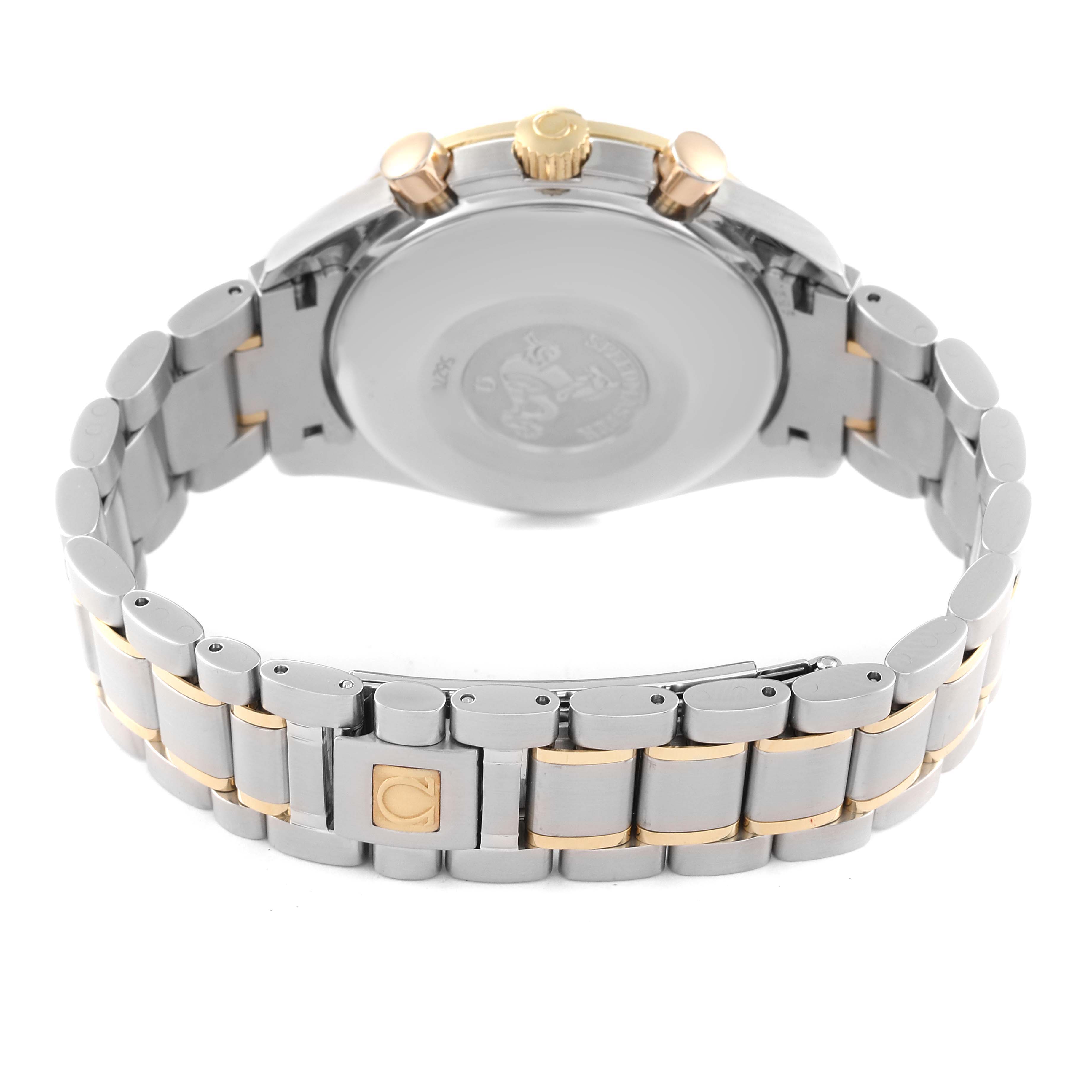 The image shows the back and bracelet of an Omega Speedmaster 3313.53.00 Men's Steel and Gold (two tone) Black Dial 3313.53.00 Men's Steel and Gold (two tone) Black Dial watch with a stainless steel and gold tone.