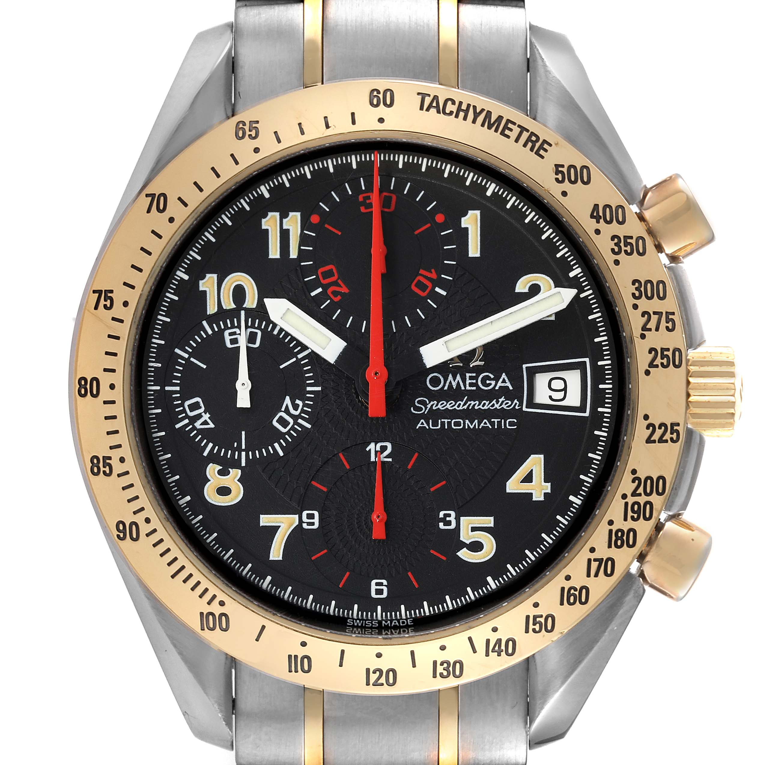 The Omega Speedmaster 3313.53.00 Men's Steel and Gold (two tone) Black Dial 3313.53.00 Men's Steel and Gold (two tone) Black Dial watch is shown from the front, displaying its face, hands, subdials, and bracelet.