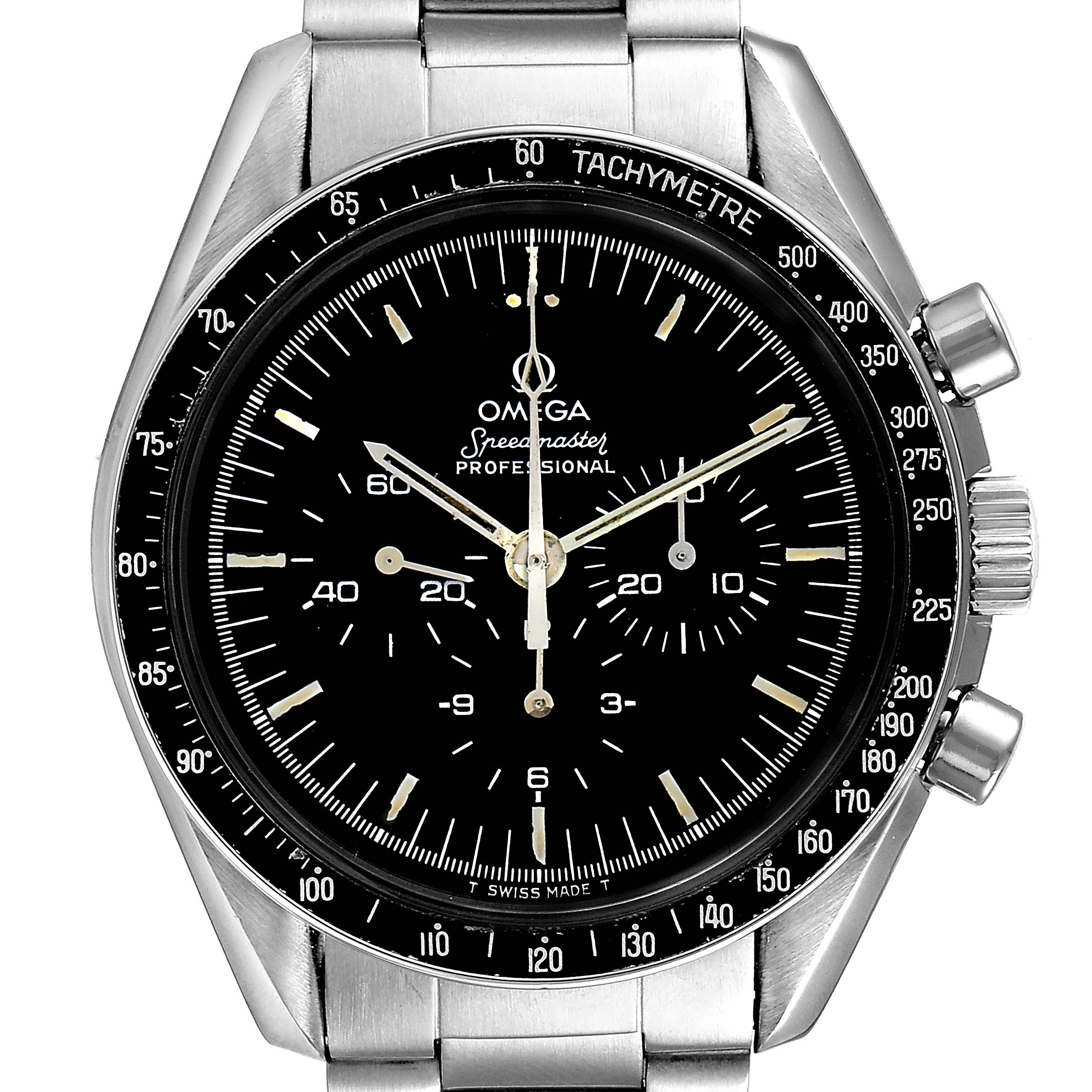 This image shows a frontal view of the Omega Speedmaster 145.022 Men's Stainless Steel Black Dial 145.022 Men's Stainless Steel Black Dial watch, featuring its black dial, tachymeter bezel, and stainless steel bracelet.