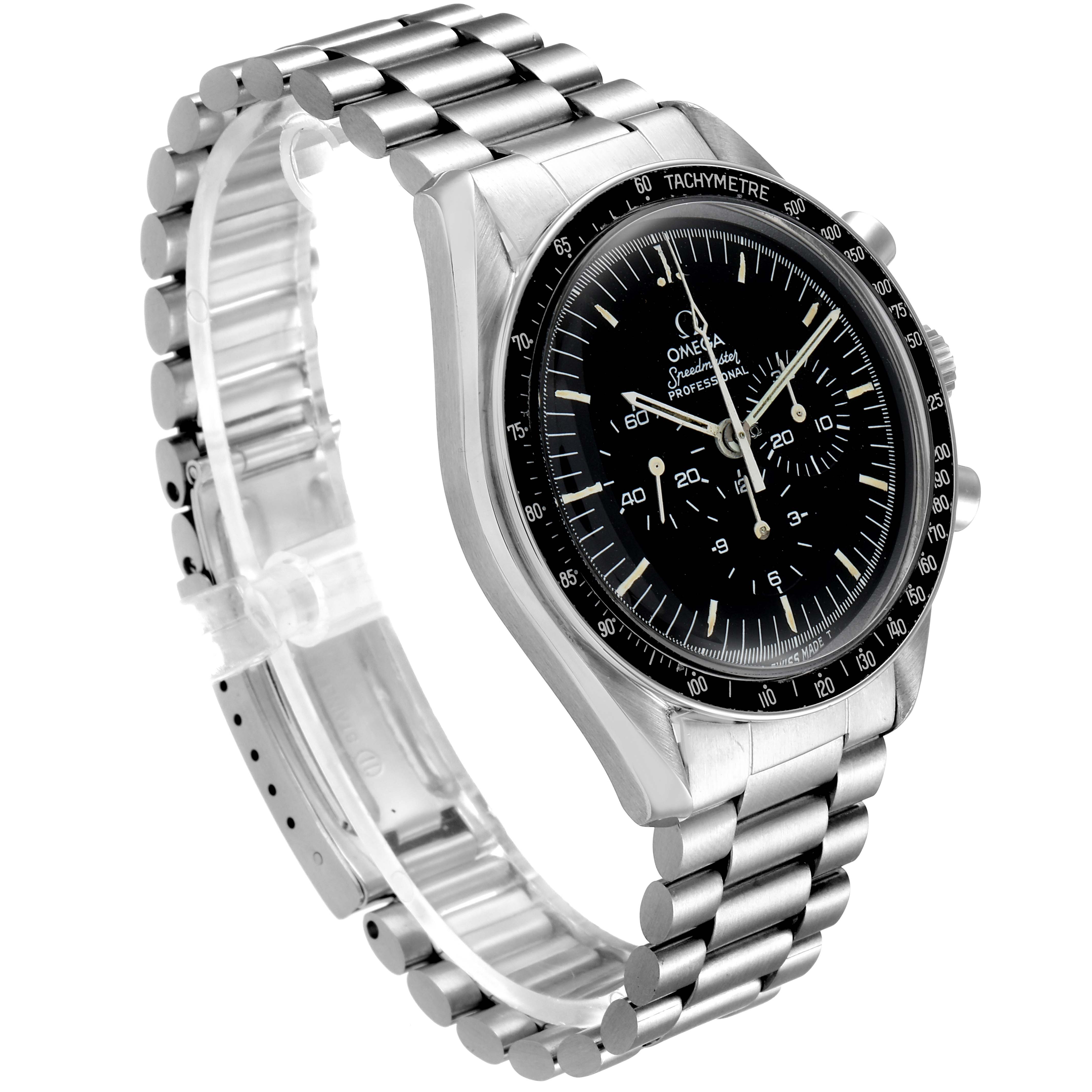 The photo shows the Omega Speedmaster 145.022 Men's Stainless Steel Black Dial 145.022 Men's Stainless Steel Black Dial watch at a slight angle, highlighting its face, bezel, and metal bracelet band.