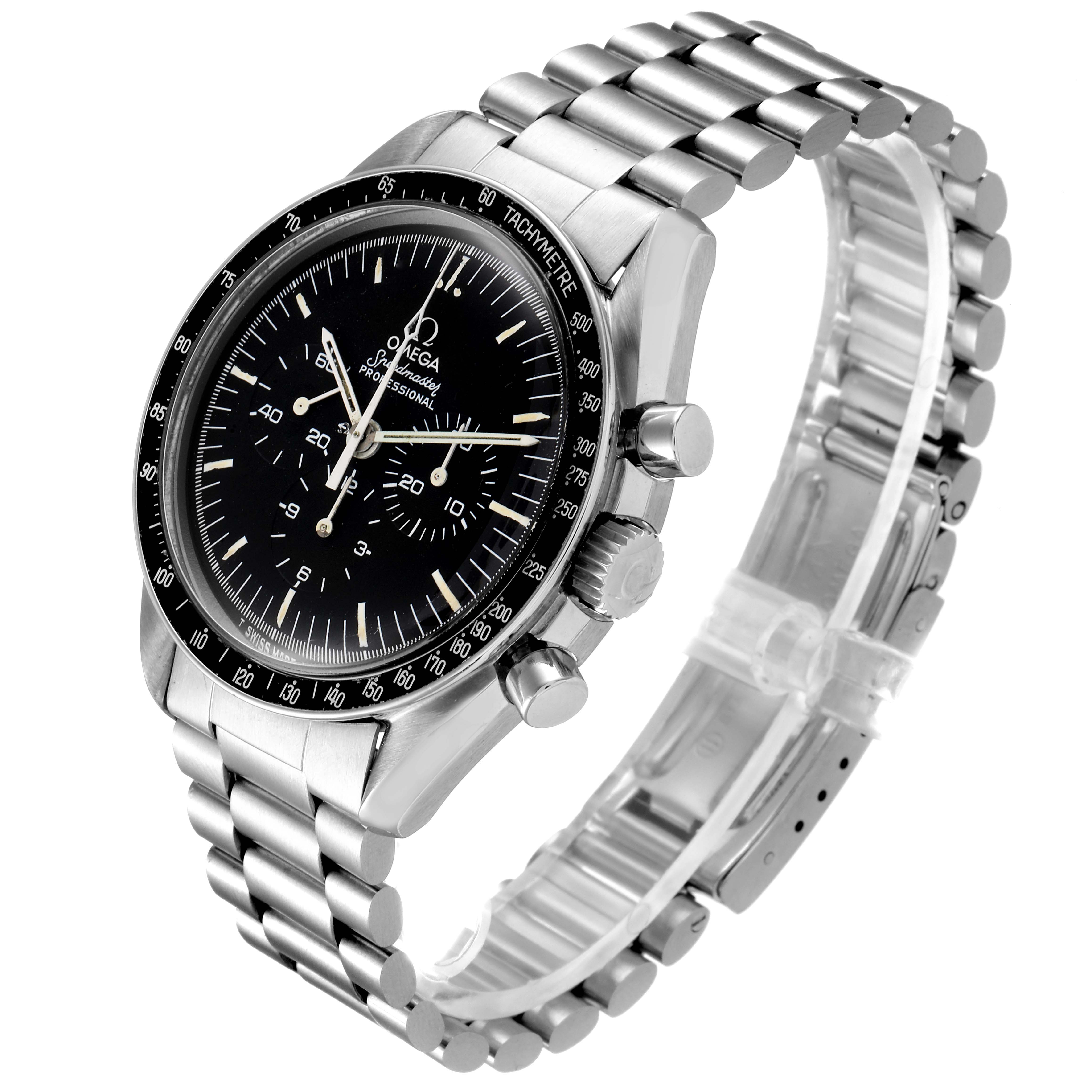 The Omega Speedmaster 145.022 Men's Stainless Steel Black Dial 145.022 Men's Stainless Steel Black Dial watch is shown at a three-quarter angle, displaying its face, chronograph buttons, and stainless steel bracelet.