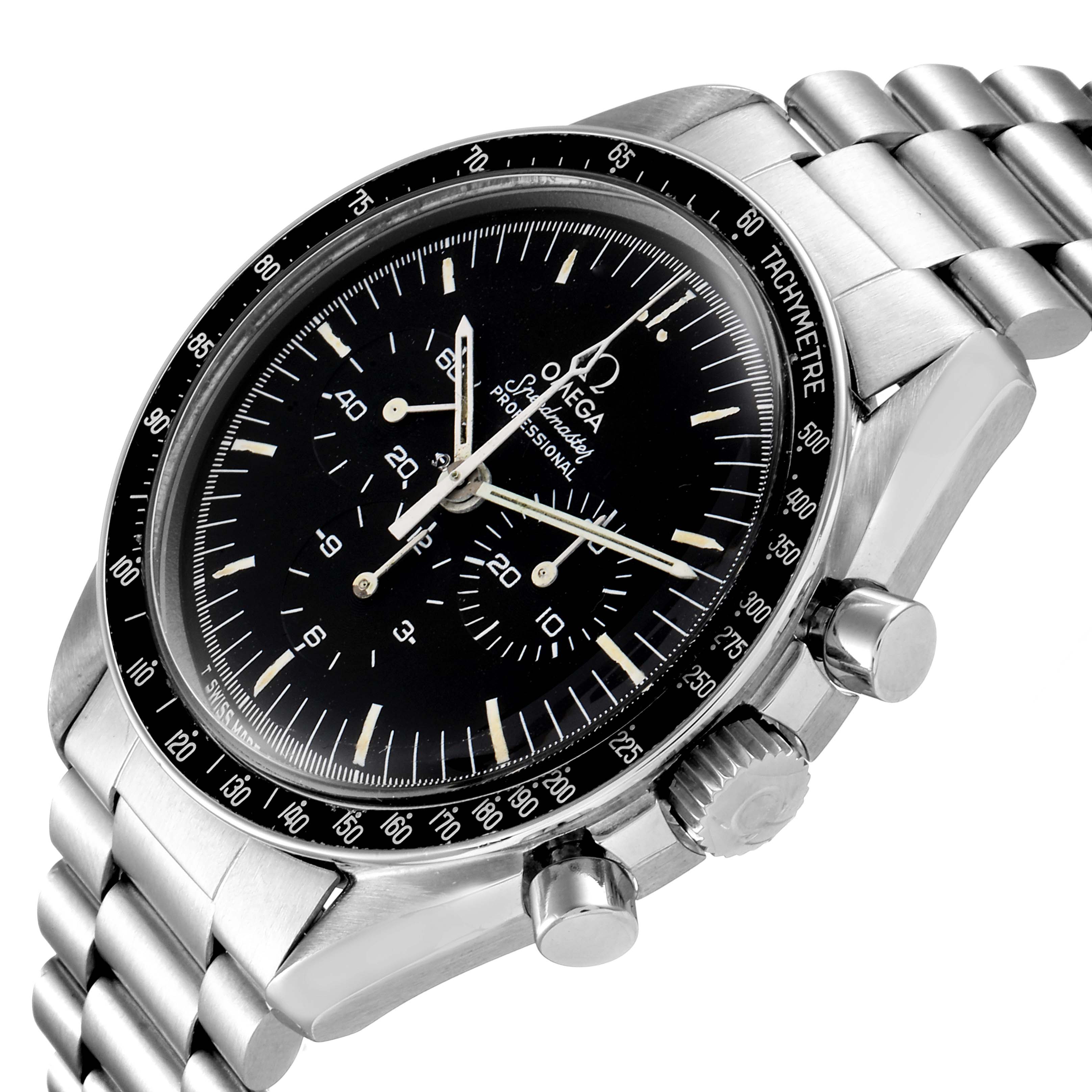 The Omega Speedmaster 145.022 Men's Stainless Steel Black Dial 145.022 Men's Stainless Steel Black Dial watch is shown at a three-quarter angle, displaying its face, bezel, crown, and part of the bracelet.