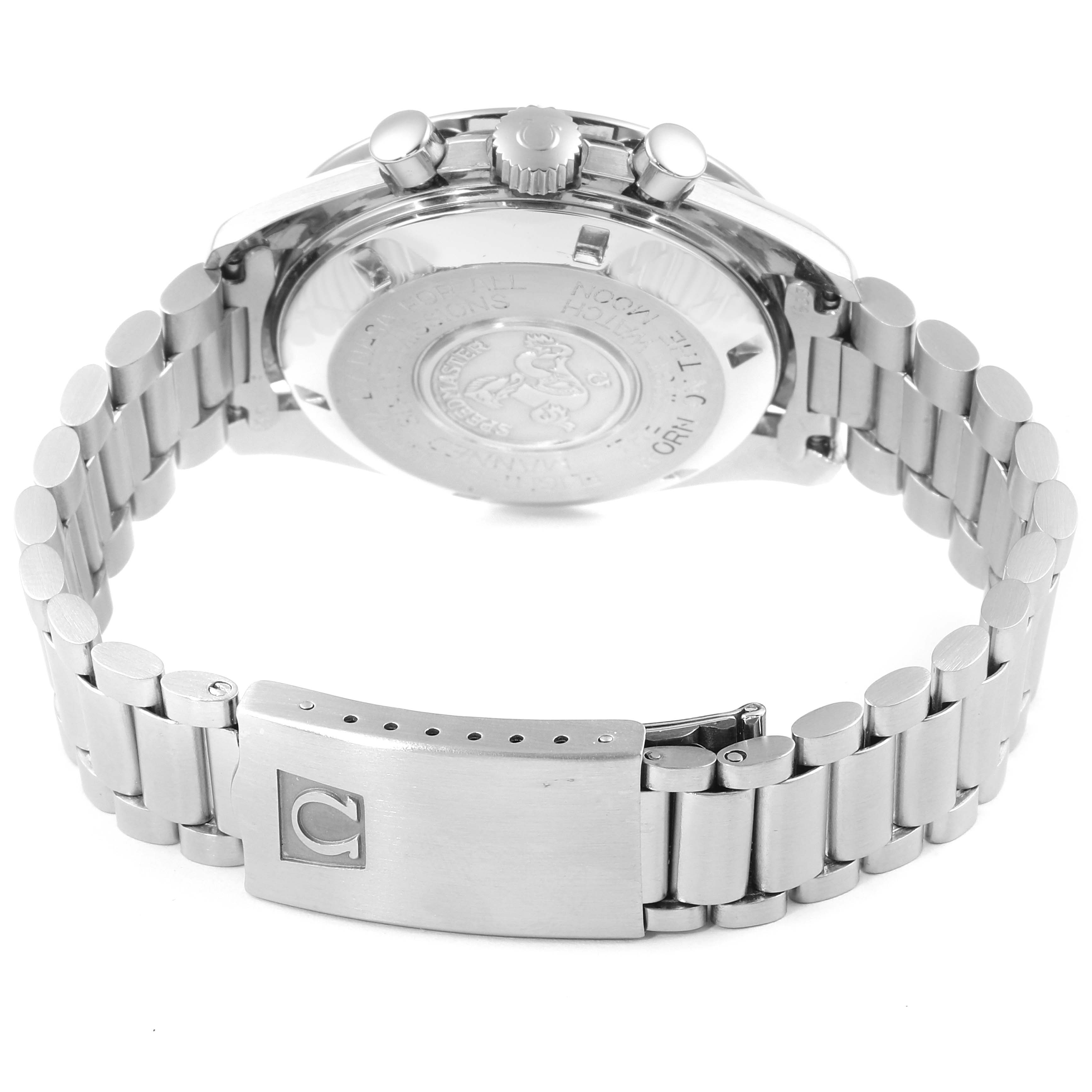 This image shows the back side and bracelet of an Omega Speedmaster 145.022 Men's Stainless Steel Black Dial 145.022 Men's Stainless Steel Black Dial watch, highlighting the clasp and case back.