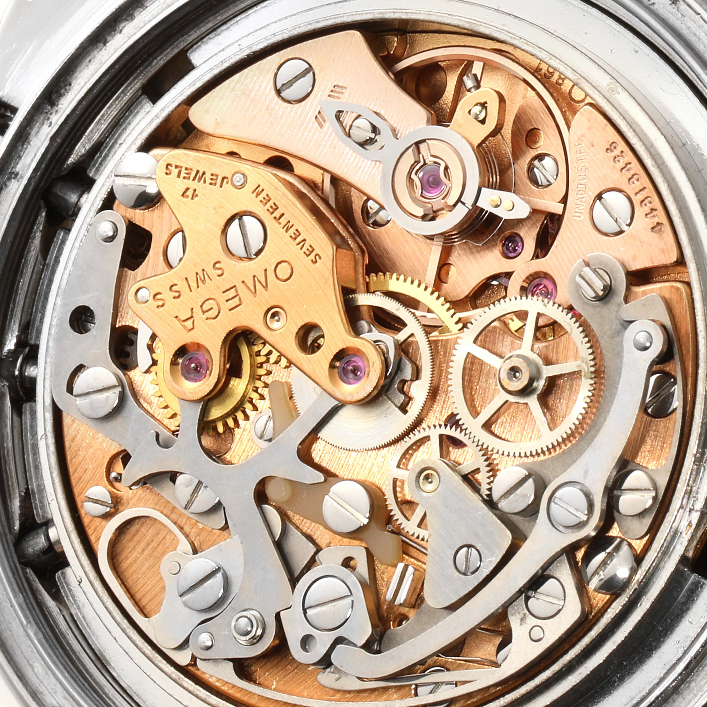 This close-up shot of the Omega Speedmaster 145.022 Men's Stainless Steel Black Dial 145.022 Men's Stainless Steel Black Dial watch shows its intricate movement components.