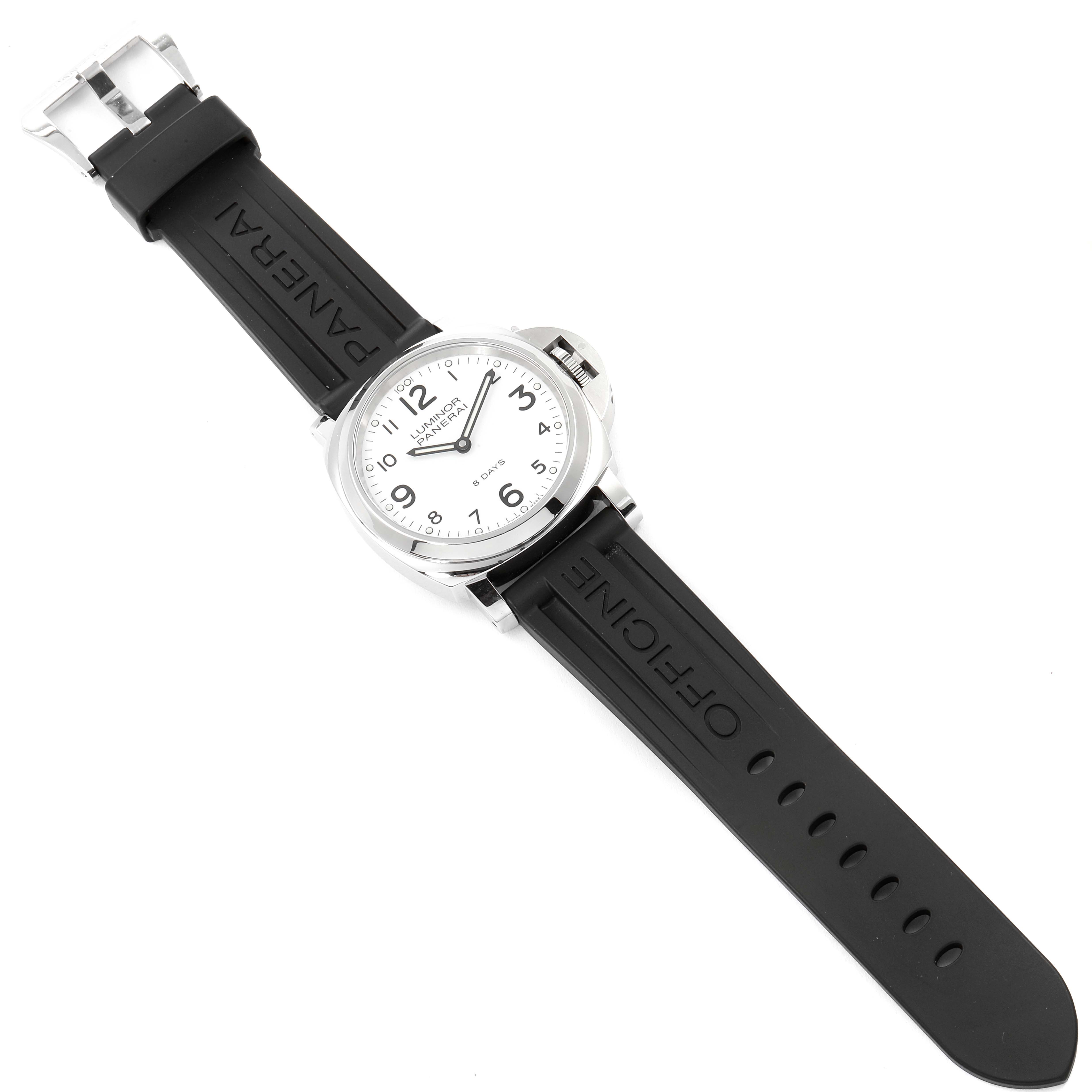 The image shows a Panerai Luminor PAM00561 Men
s Stainless Steel White Dial PAM00561 Men
s Stainless Steel White Dial watch from a top-down angle, highlighting its white dial and black rubber strap.