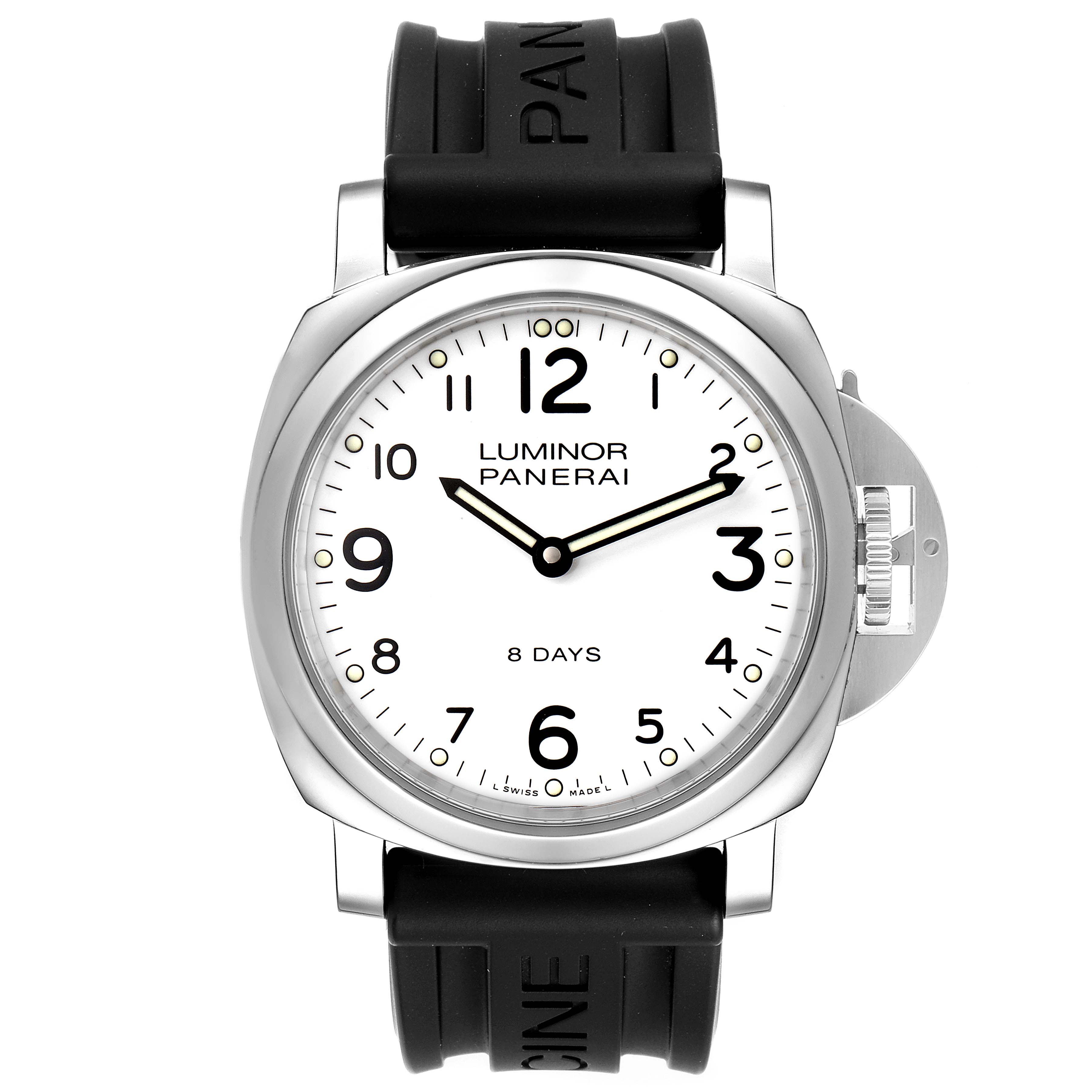 The image shows a front view of a Panerai Luminor PAM00561 Men
s Stainless Steel White Dial PAM00561 Men
s Stainless Steel White Dial watch with a white dial and black rubber strap.