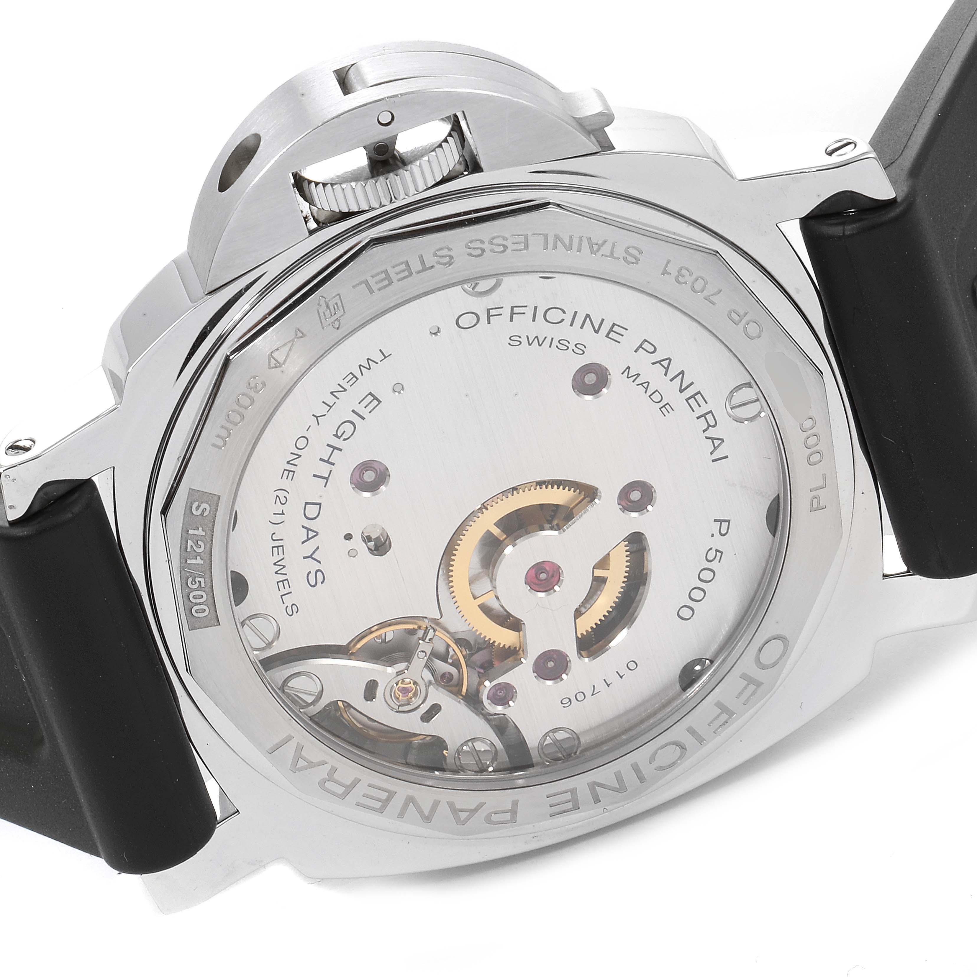 The image shows the back case of the Panerai Luminor PAM00561 Men
s Stainless Steel White Dial PAM00561 Men
s Stainless Steel White Dial watch, revealing its inner mechanical workings.