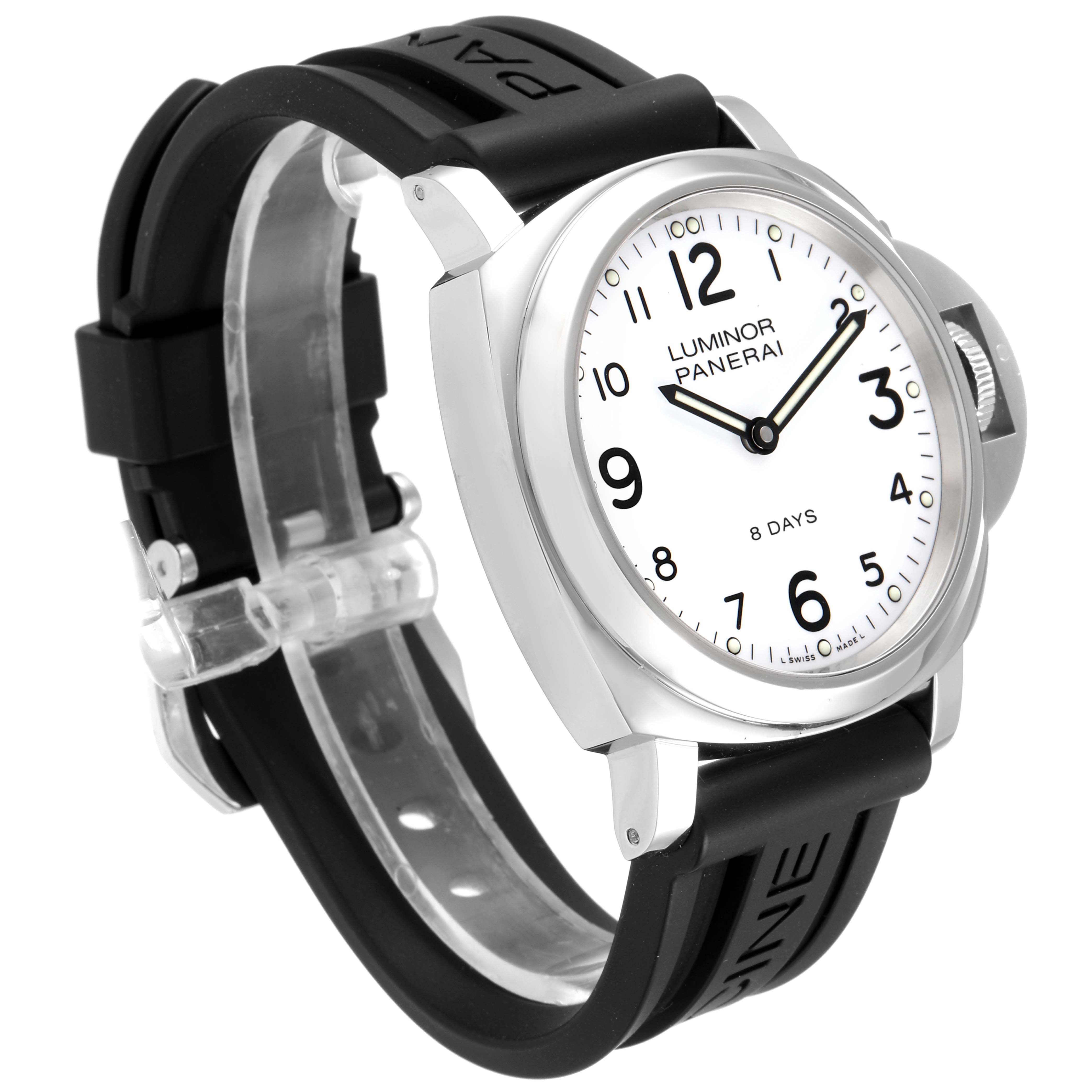 The image shows a Panerai Luminor PAM00561 Men
s Stainless Steel White Dial PAM00561 Men
s Stainless Steel White Dial model watch from a front-left angle, highlighting its dial and black rubber strap.