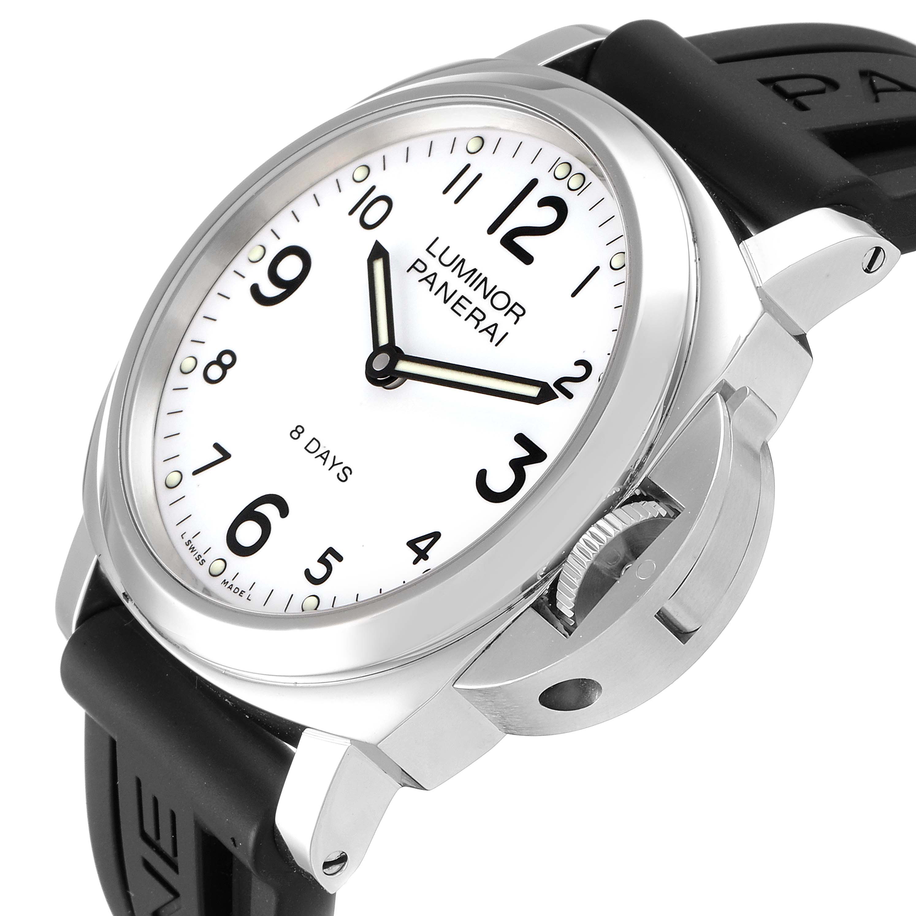 The Panerai Luminor PAM00561 Men
s Stainless Steel White Dial PAM00561 Men
s Stainless Steel White Dial watch is shown from a slight side angle, showcasing its dial, case, and crown guard.