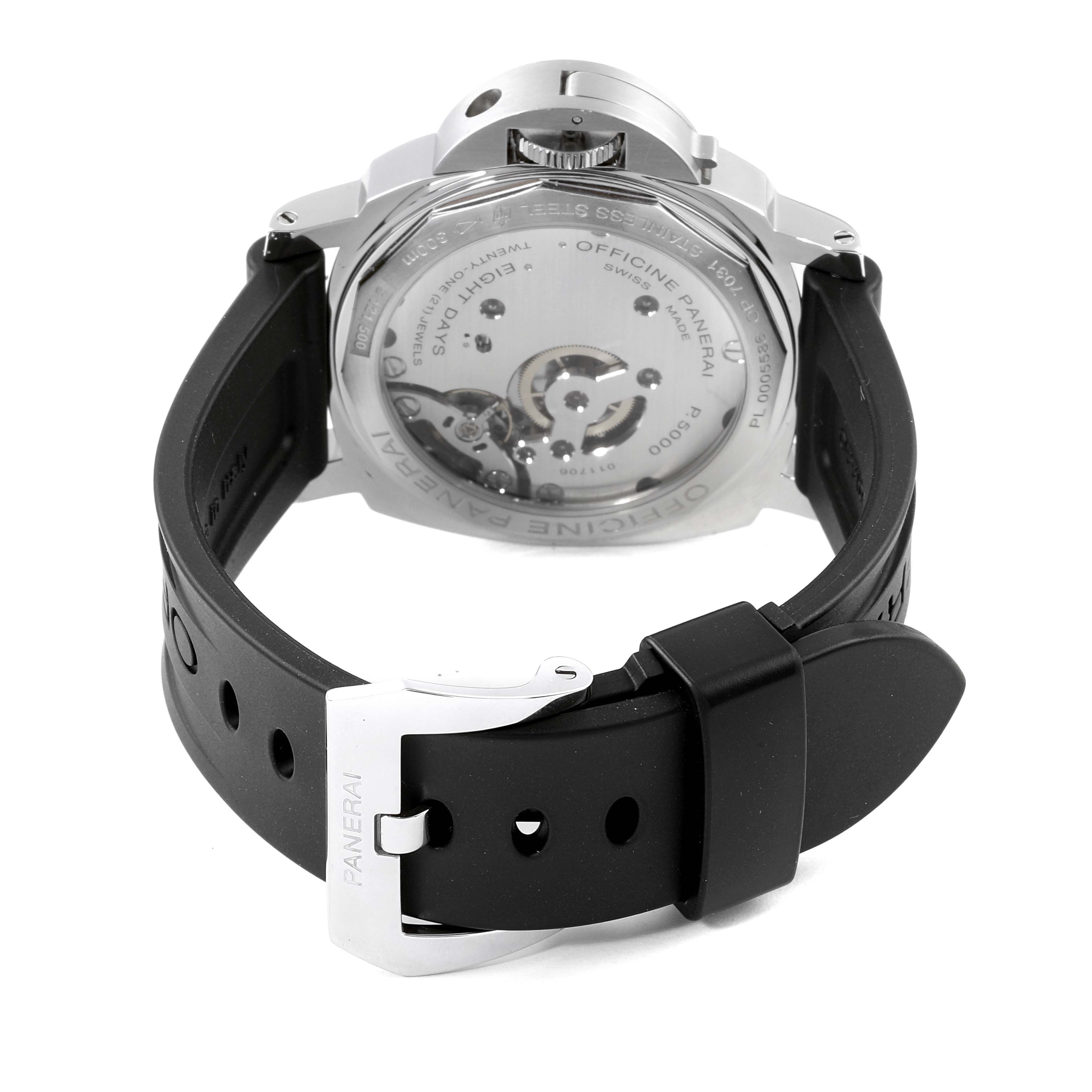 This image shows the back view of a Panerai Luminor PAM00561 Men
s Stainless Steel White Dial PAM00561 Men
s Stainless Steel White Dial watch, highlighting its case back, strap, and buckle.