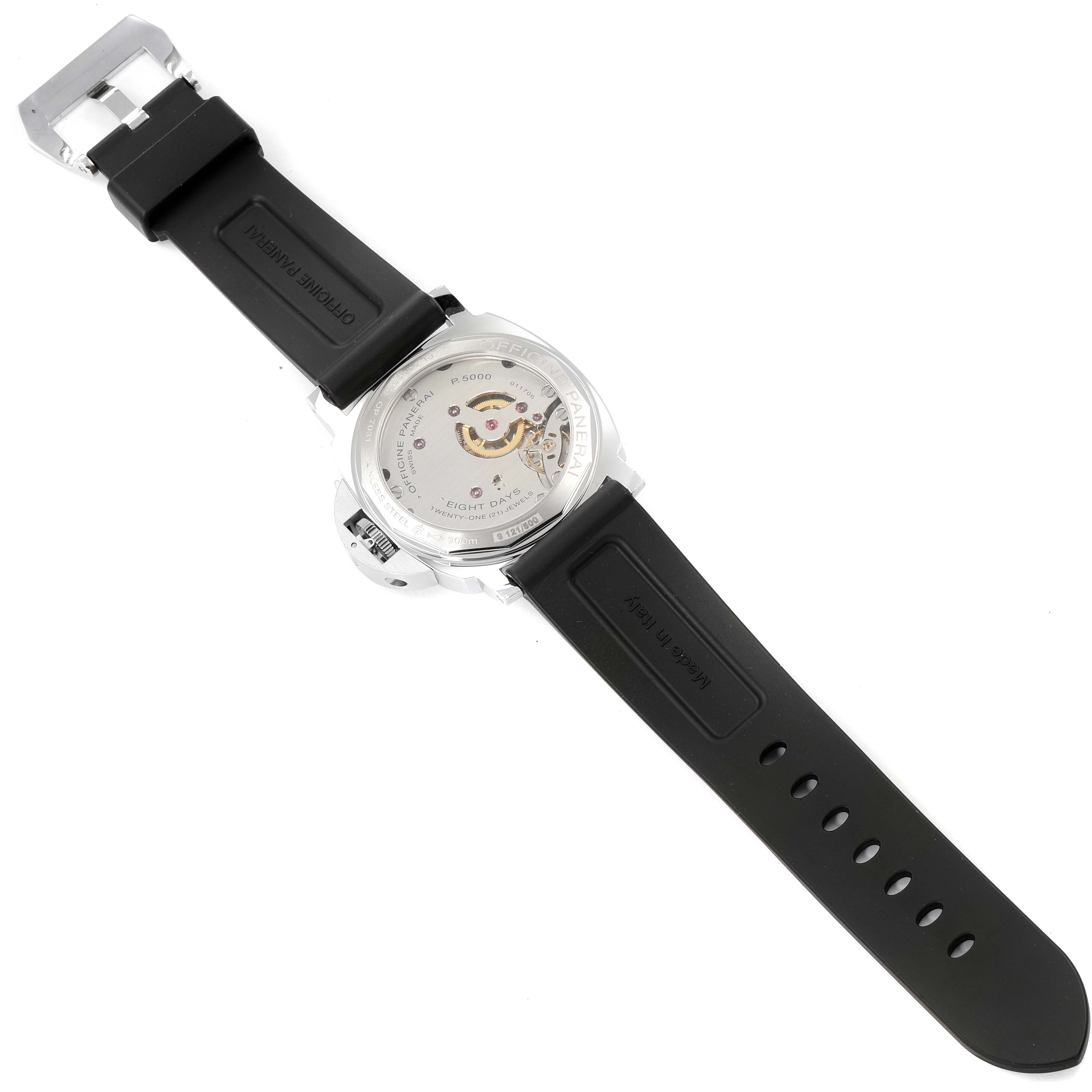 The image shows the back view of a Panerai Luminor PAM00561 Men
s Stainless Steel White Dial PAM00561 Men
s Stainless Steel White Dial watch, highlighting its open case back and black rubber strap.