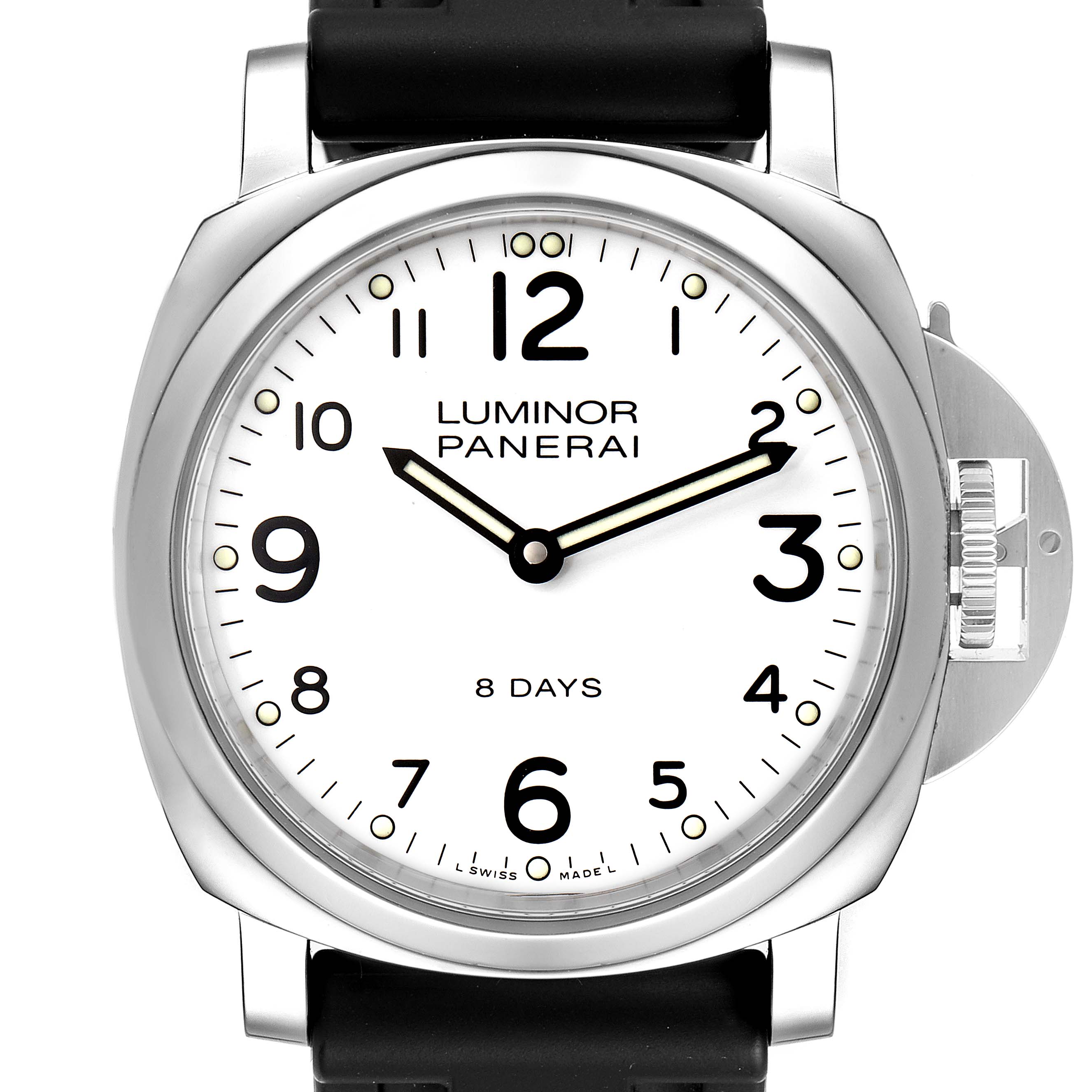 This image shows a front view of a Panerai Luminor PAM00561 Men
s Stainless Steel White Dial PAM00561 Men
s Stainless Steel White Dial watch, displaying its face, hands, bezel, crown, and part of the strap.