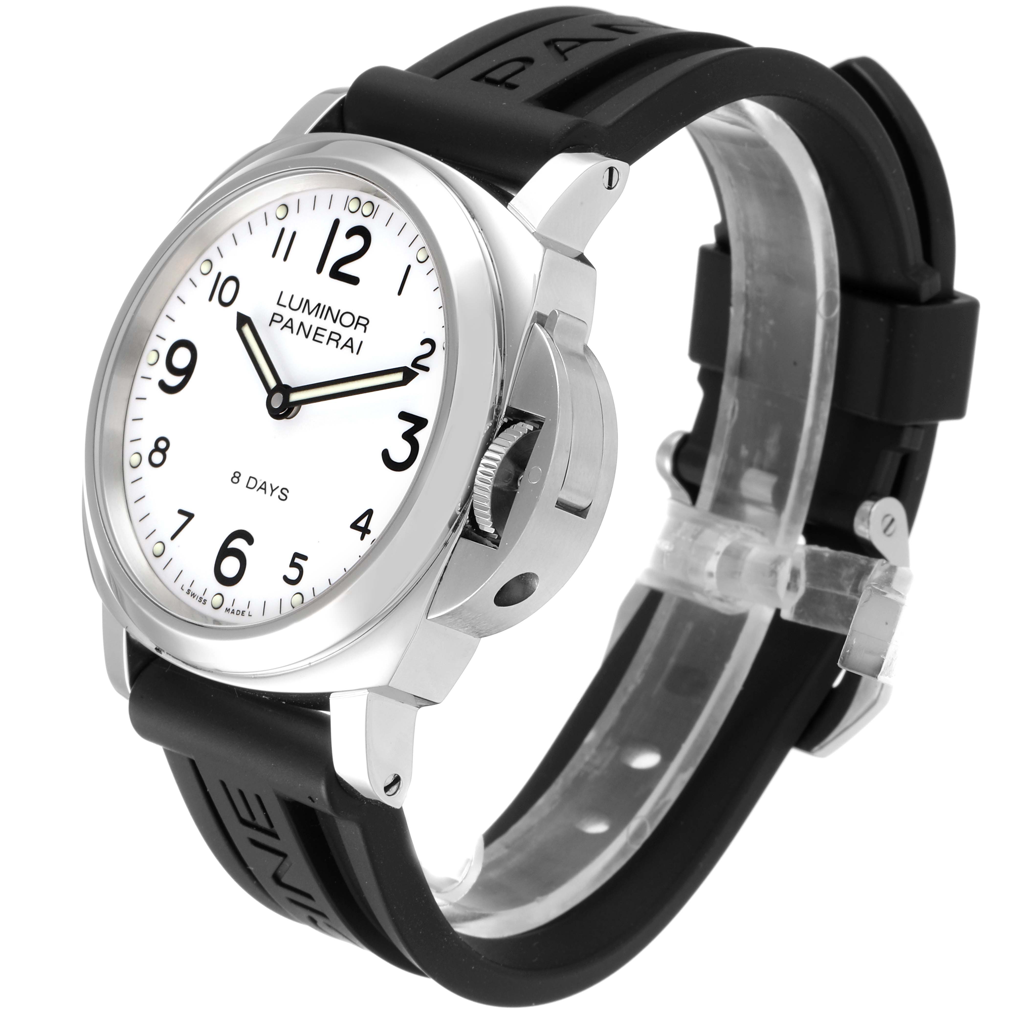 This image shows a side view of a Panerai Luminor PAM00561 Men
s Stainless Steel White Dial PAM00561 Men
s Stainless Steel White Dial watch, highlighting its dial, bezel, crown guard, and black rubber strap.