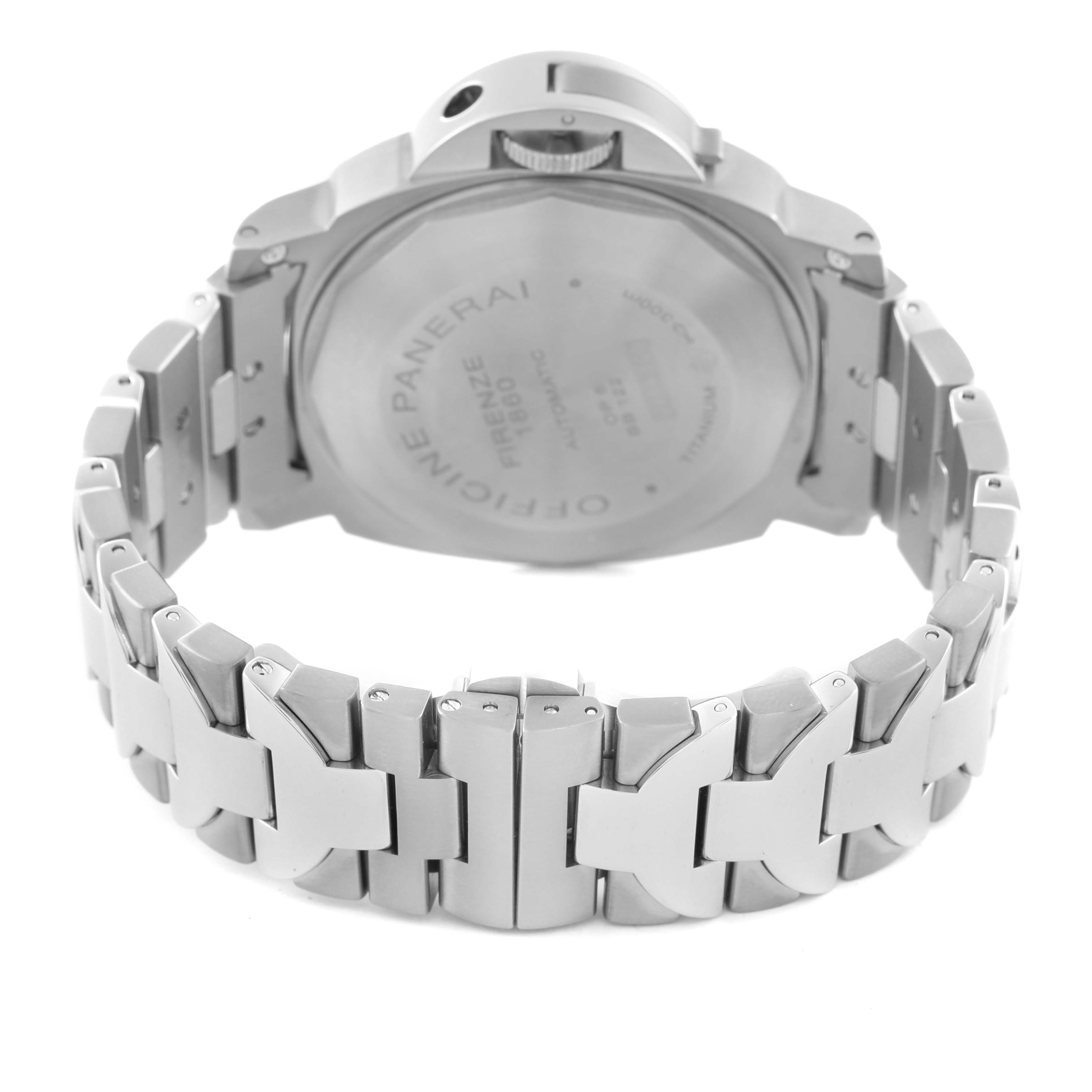 The image shows the back view of a Panerai Luminor PAM00161 Men's Titanium Black Dial PAM00161 Men's Titanium Black Dial watch, focusing on the case back and the metal bracelet.