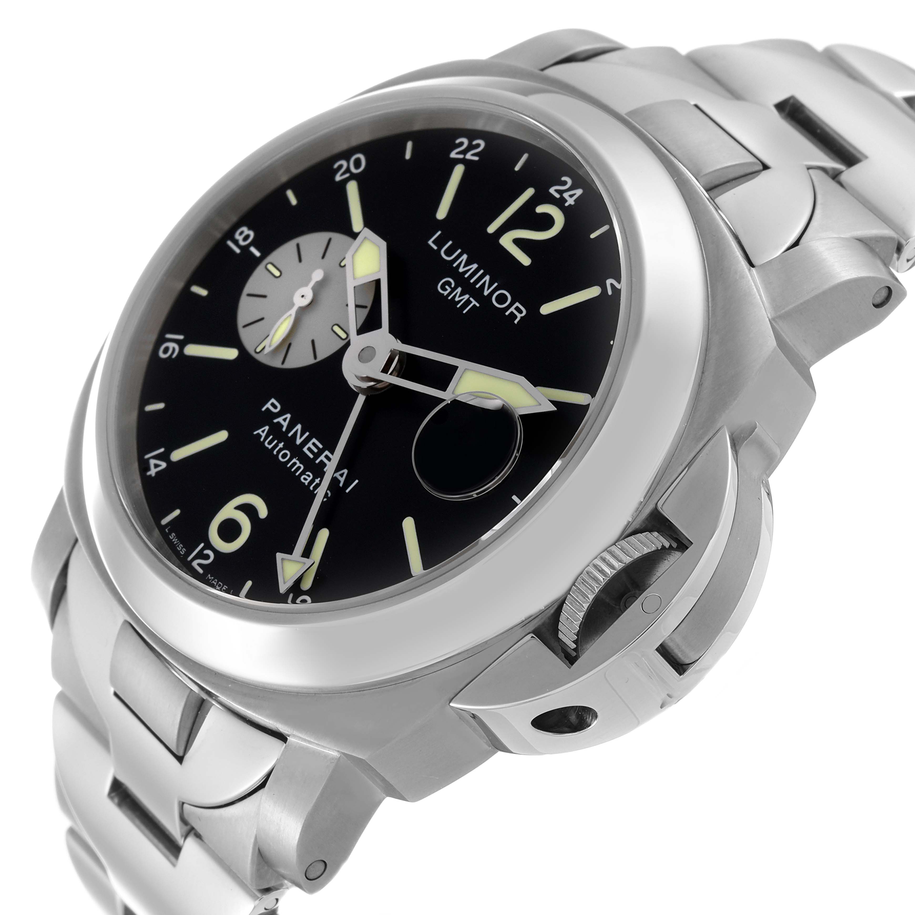 The Panerai Luminor PAM00161 Men's Titanium Black Dial PAM00161 Men's Titanium Black Dial watch is shown at an angled view, displaying its face, bezel, lugs, crown guard, and metal bracelet.