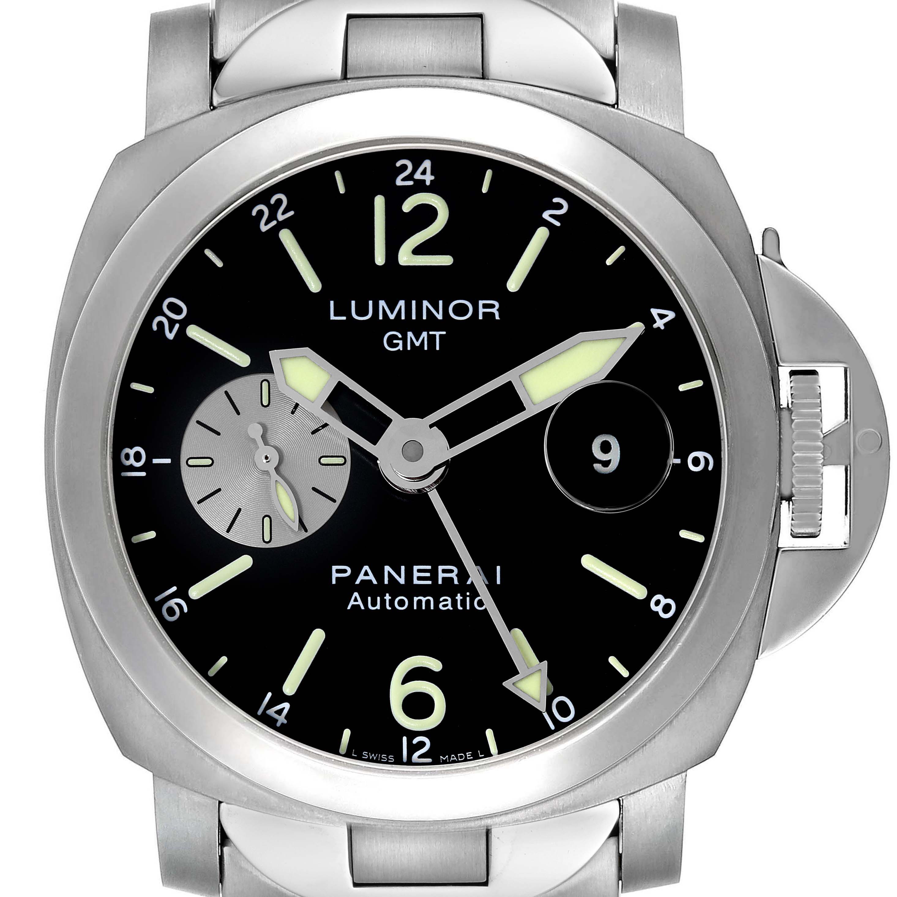 The image shows a front view of a Panerai Luminor PAM00161 Men's Titanium Black Dial PAM00161 Men's Titanium Black Dial GMT watch, highlighting its black dial, luminescent markers, and stainless steel case and strap.