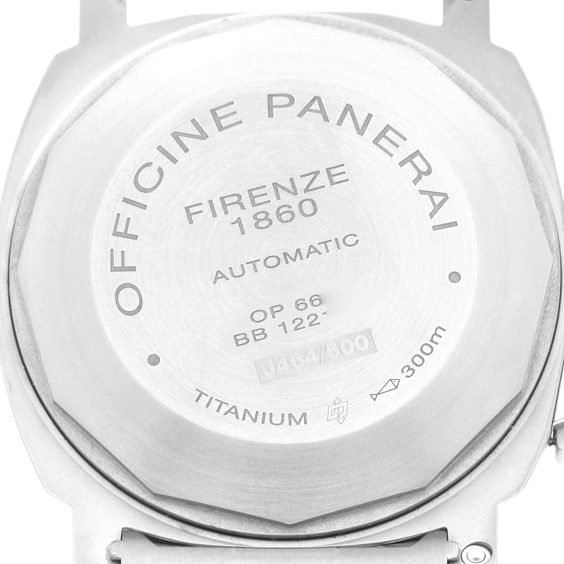 The image shows the back case of a Panerai Luminor PAM00161 Men's Titanium Black Dial PAM00161 Men's Titanium Black Dial watch, detailing its specifications and engravings.