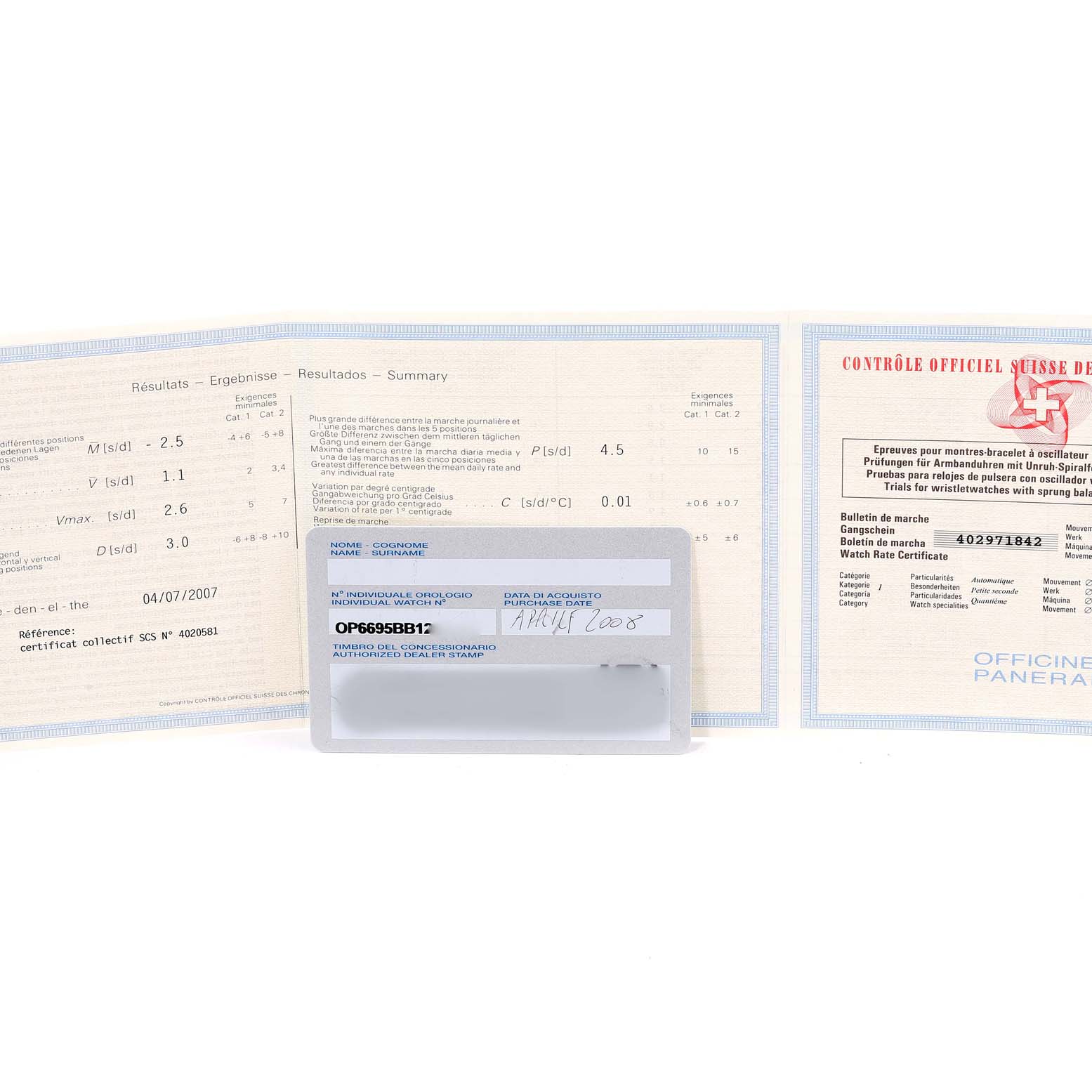 The image shows the certification and warranty documents for a Panerai Luminor PAM00161 Men's Titanium Black Dial PAM00161 Men's Titanium Black Dial model watch, laid flat and fully visible.