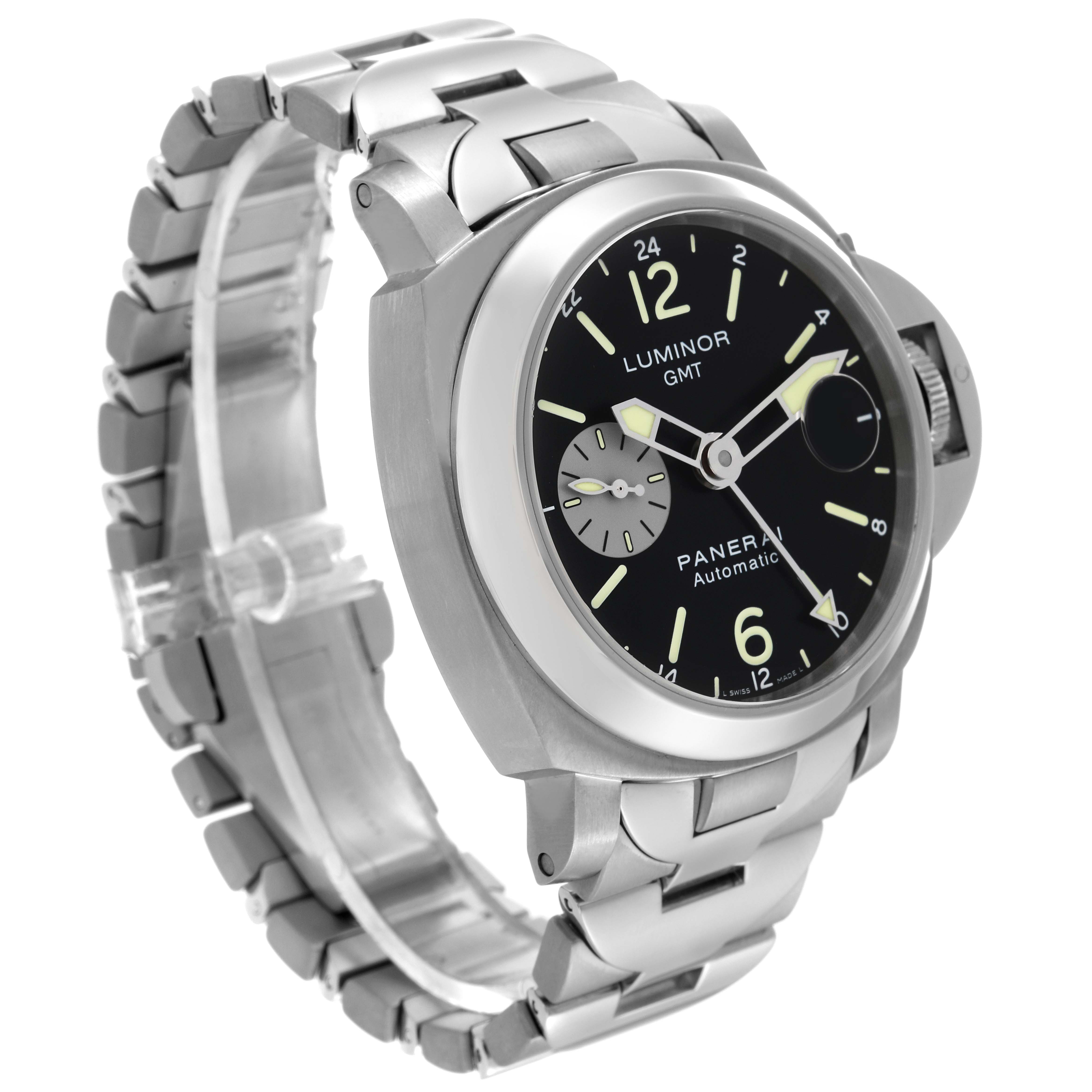 The image shows the Panerai Luminor PAM00161 Men's Titanium Black Dial PAM00161 Men's Titanium Black Dial GMT watch at a three-quarters left front angle, highlighting its face and metal bracelet.