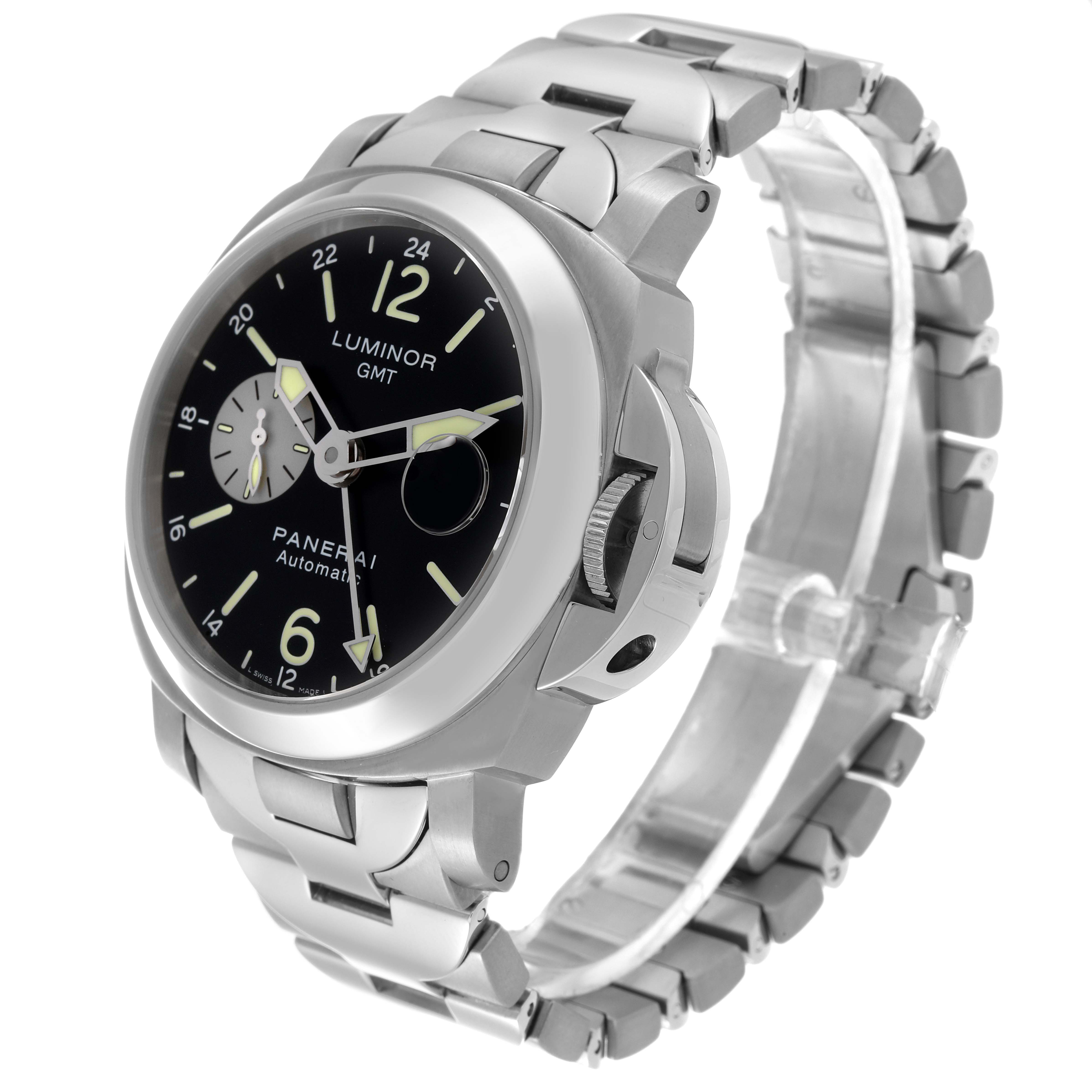 This Panerai Luminor PAM00161 Men's Titanium Black Dial PAM00161 Men's Titanium Black Dial watch is shown at a three-quarter angle, highlighting the face, bracelet, and crown guard.