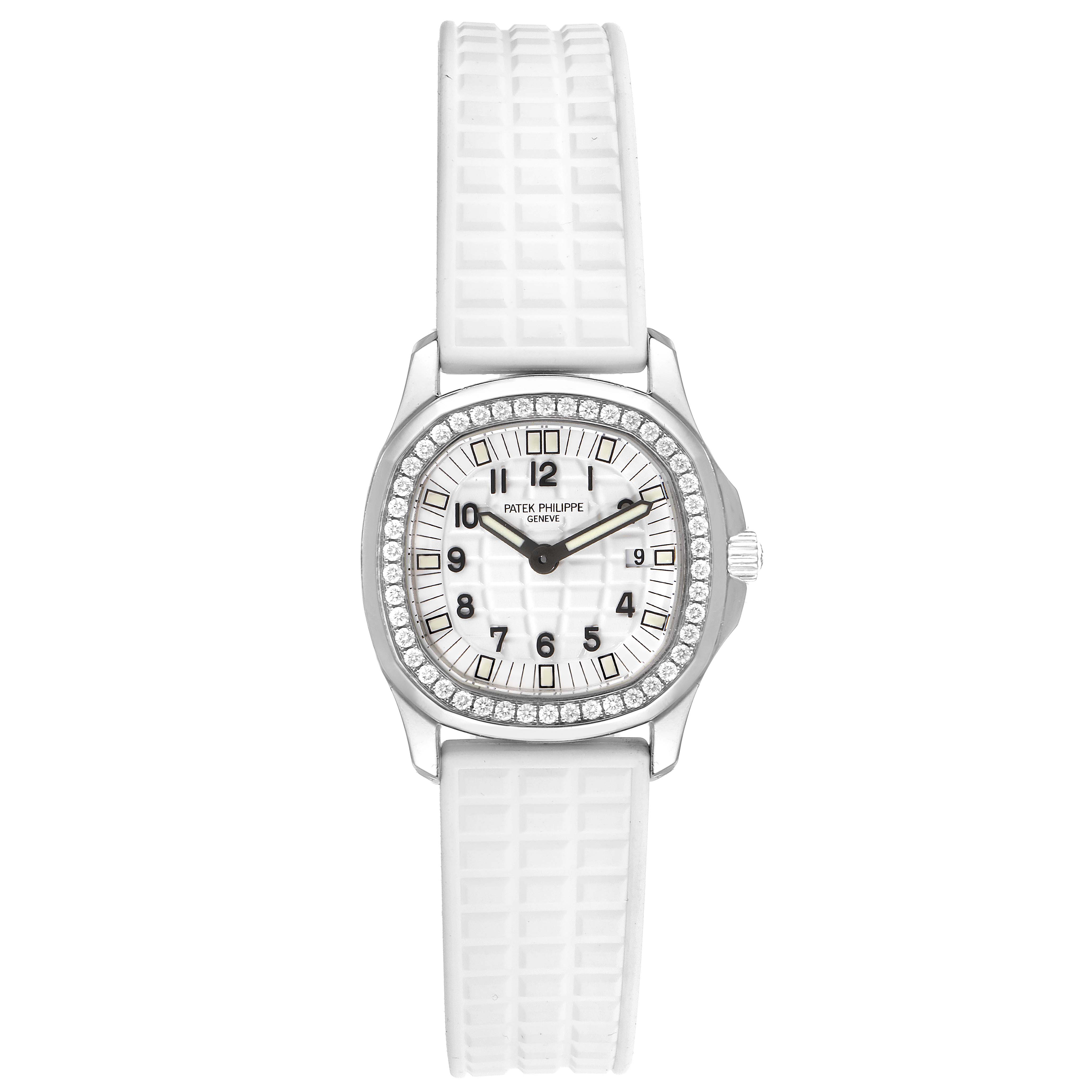 This image shows a front view of the Patek Philippe Aquanaut 4961 Women's Stainless Steel White Dial 4961 Women's Stainless Steel White Dial watch with a white strap and a diamond-studded bezel.