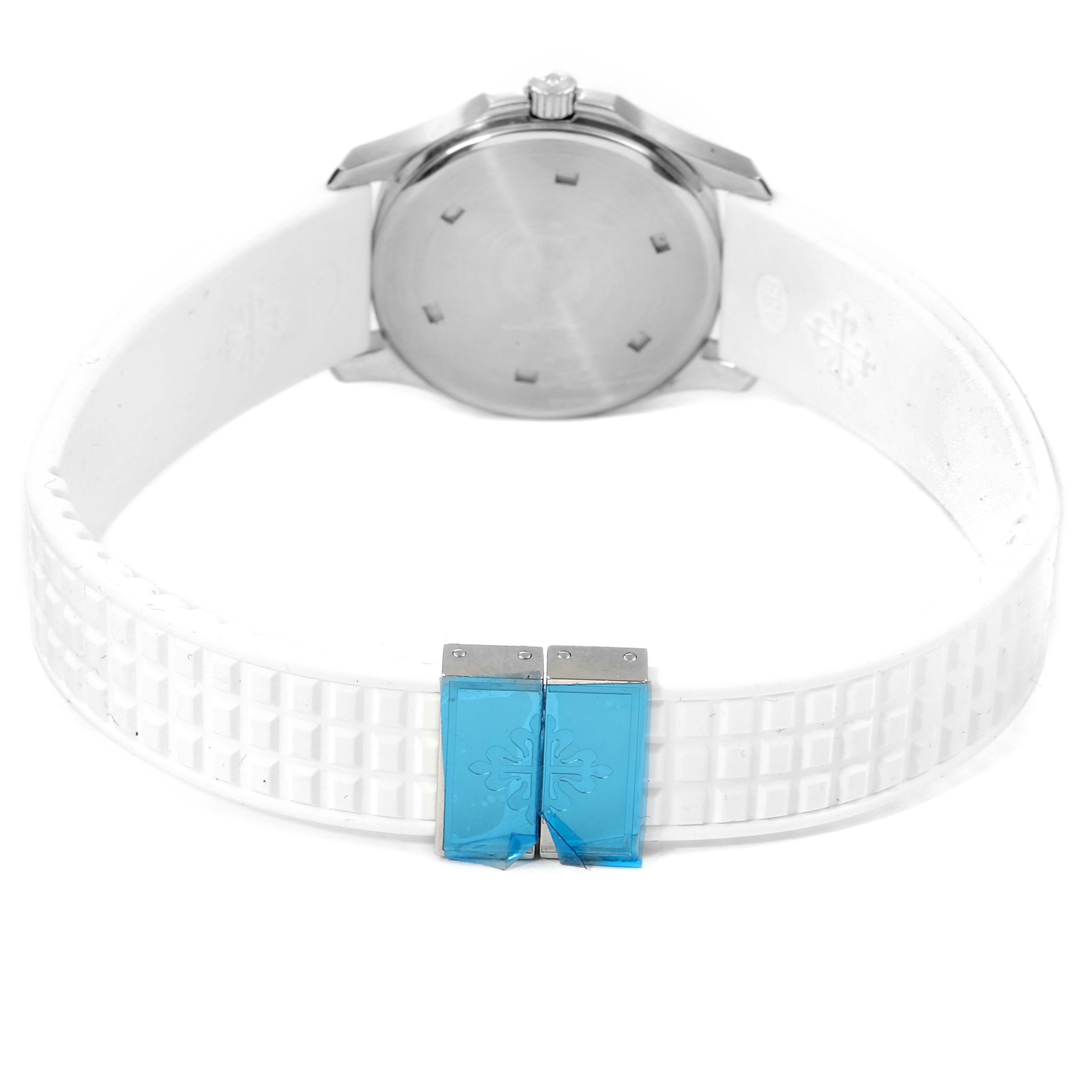 The image shows the back view of a Patek Philippe Aquanaut 4961 Women's Stainless Steel White Dial 4961 Women's Stainless Steel White Dial watch, highlighting its white strap and clasp.